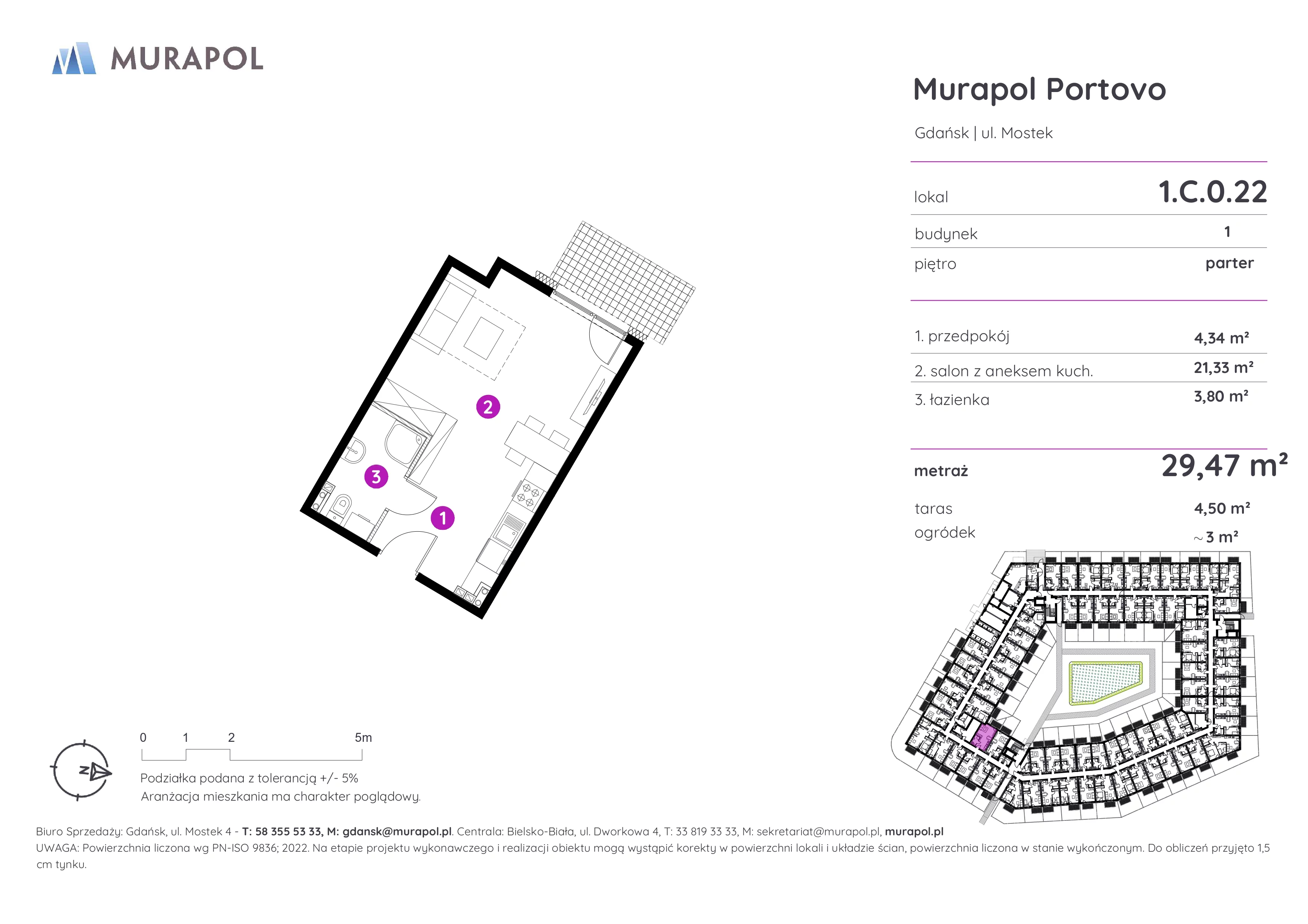 1 pokój, apartament inwestycyjny 29,47 m², parter, oferta nr 1.C.0.22, Murapol Portovo, Gdańsk, Śródmieście, ul. Mostek