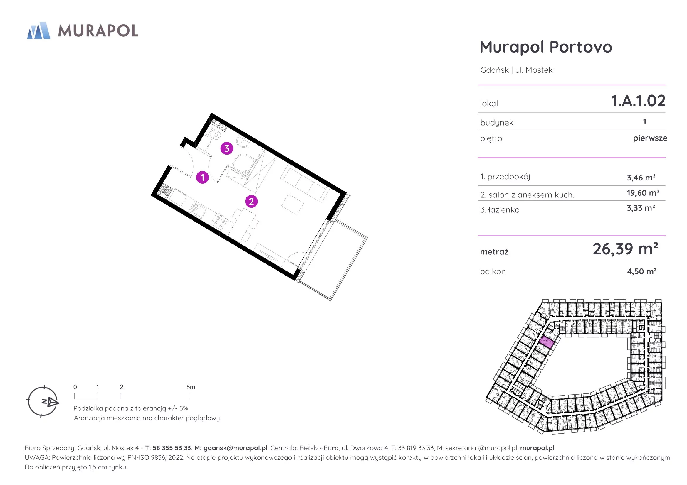 1 pokój, apartament inwestycyjny 26,39 m², piętro 1, oferta nr 1.A.1.02, Murapol Portovo, Gdańsk, Śródmieście, ul. Mostek