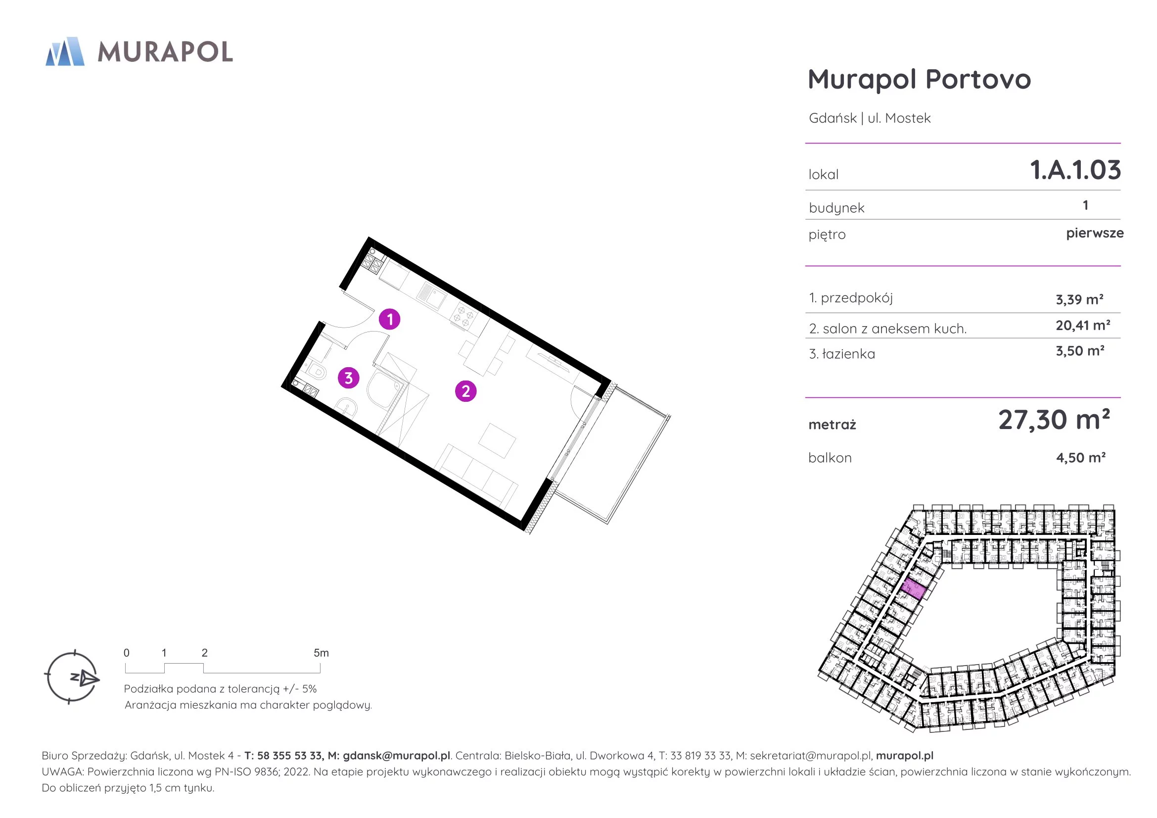 1 pokój, apartament inwestycyjny 27,30 m², piętro 1, oferta nr 1.A.1.03, Murapol Portovo, Gdańsk, Śródmieście, ul. Mostek