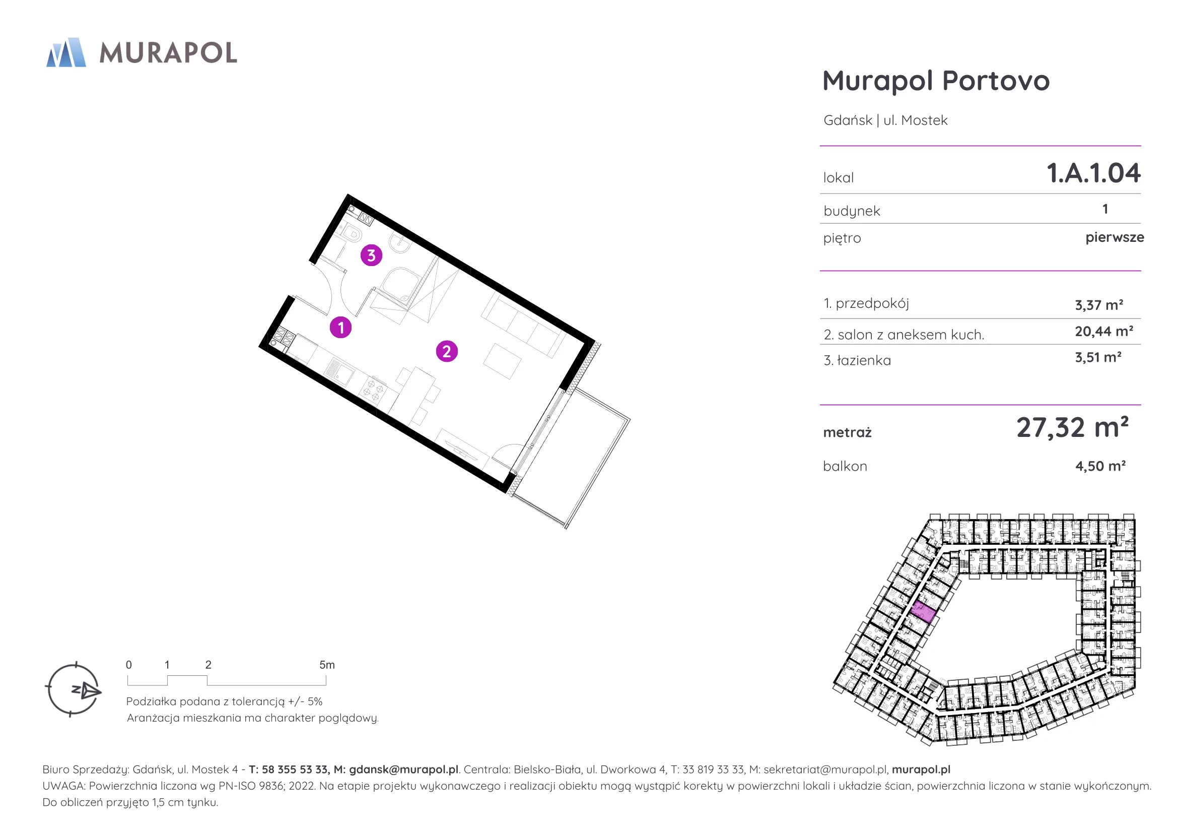 1 pokój, apartament inwestycyjny 27,32 m², piętro 1, oferta nr 1.A.1.04, Murapol Portovo, Gdańsk, Śródmieście, ul. Mostek