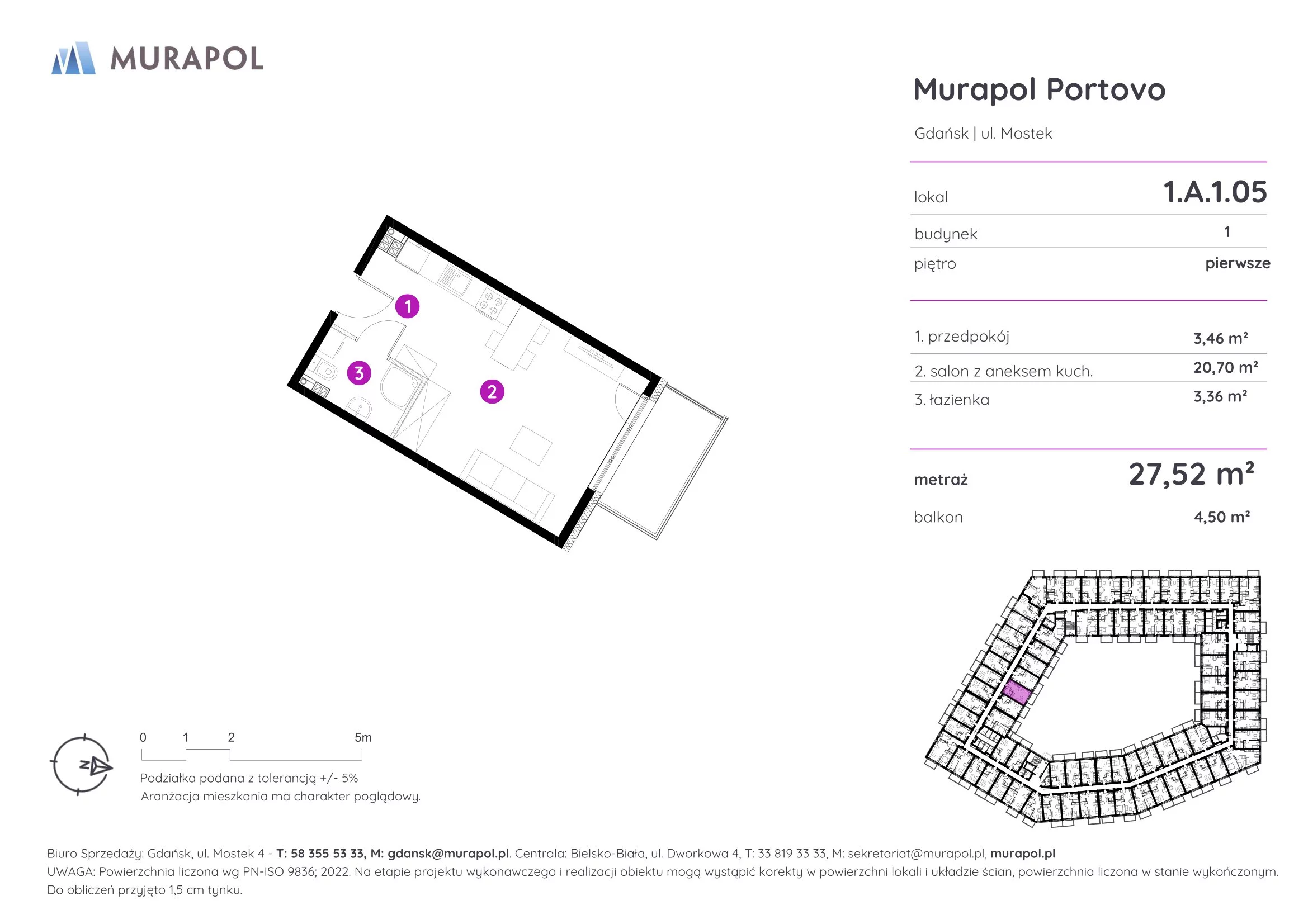 1 pokój, apartament inwestycyjny 27,52 m², piętro 1, oferta nr 1.A.1.05, Murapol Portovo, Gdańsk, Śródmieście, ul. Mostek