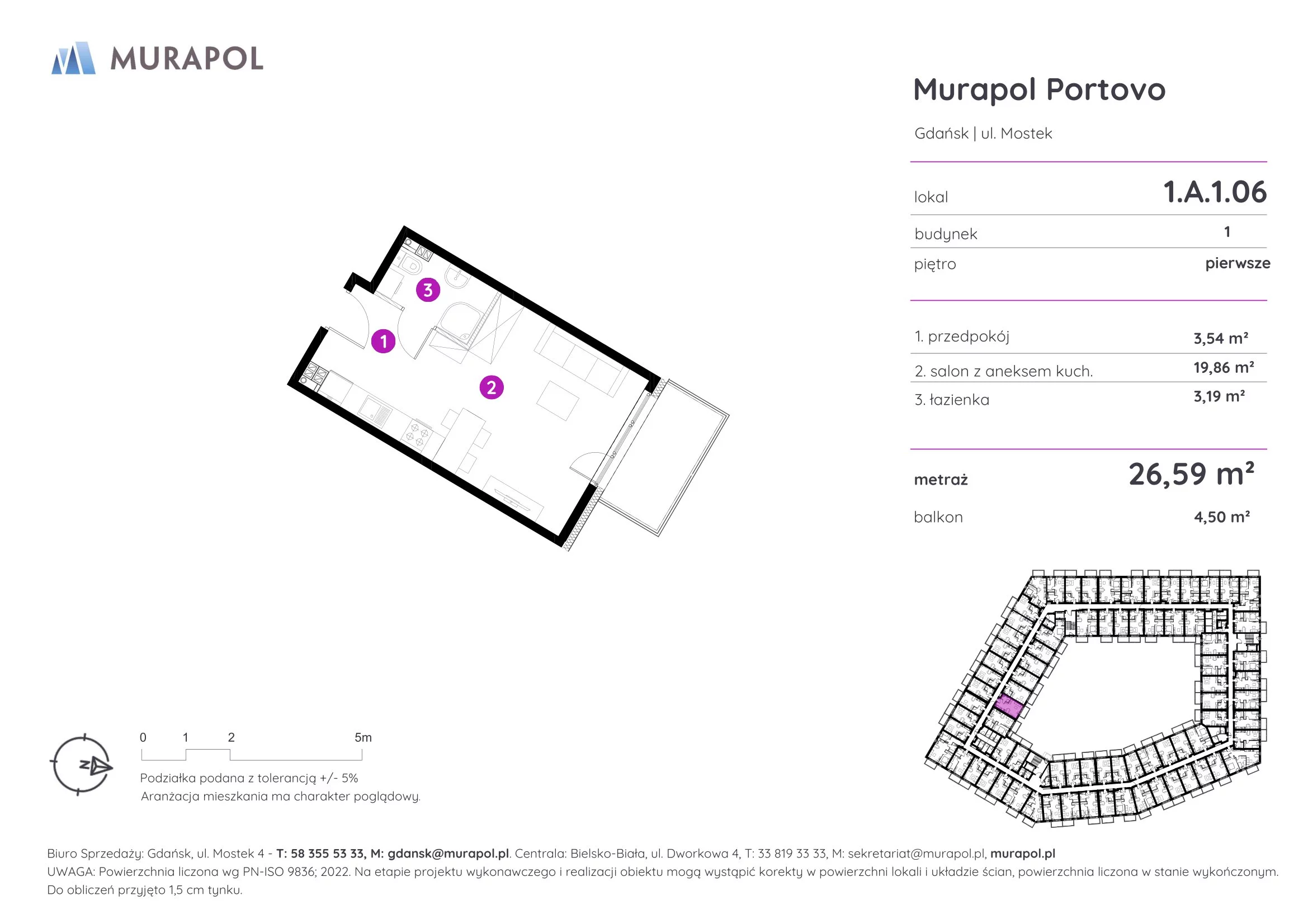1 pokój, apartament inwestycyjny 26,59 m², piętro 1, oferta nr 1.A.1.06, Murapol Portovo, Gdańsk, Śródmieście, ul. Mostek