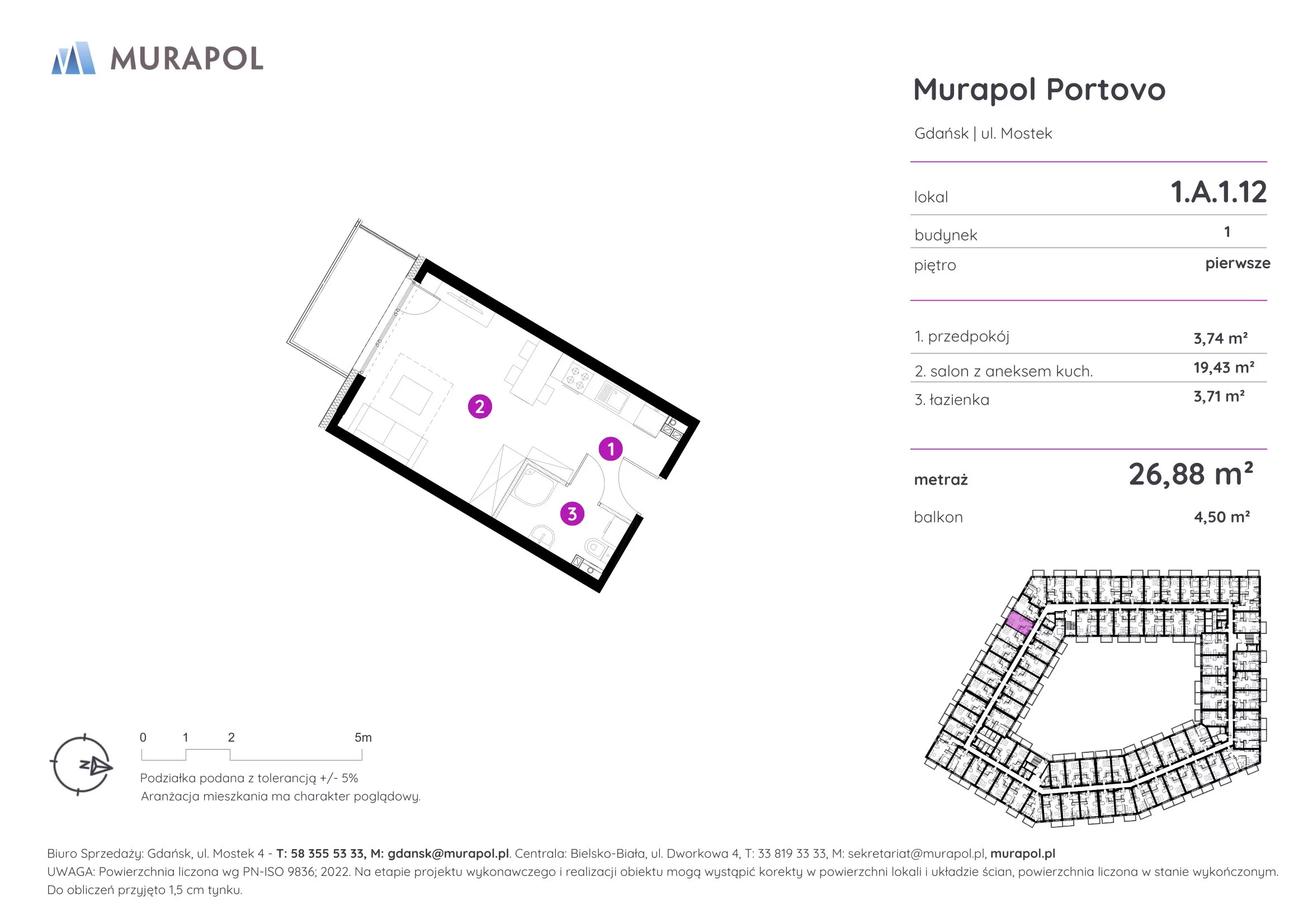 1 pokój, apartament inwestycyjny 26,88 m², piętro 1, oferta nr 1.A.1.12, Murapol Portovo, Gdańsk, Śródmieście, ul. Mostek