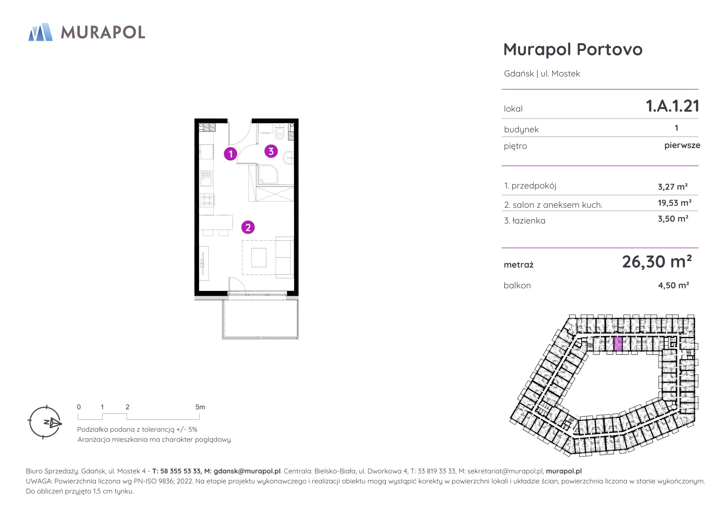 1 pokój, apartament inwestycyjny 26,30 m², piętro 1, oferta nr 1.A.1.21, Murapol Portovo, Gdańsk, Śródmieście, ul. Mostek