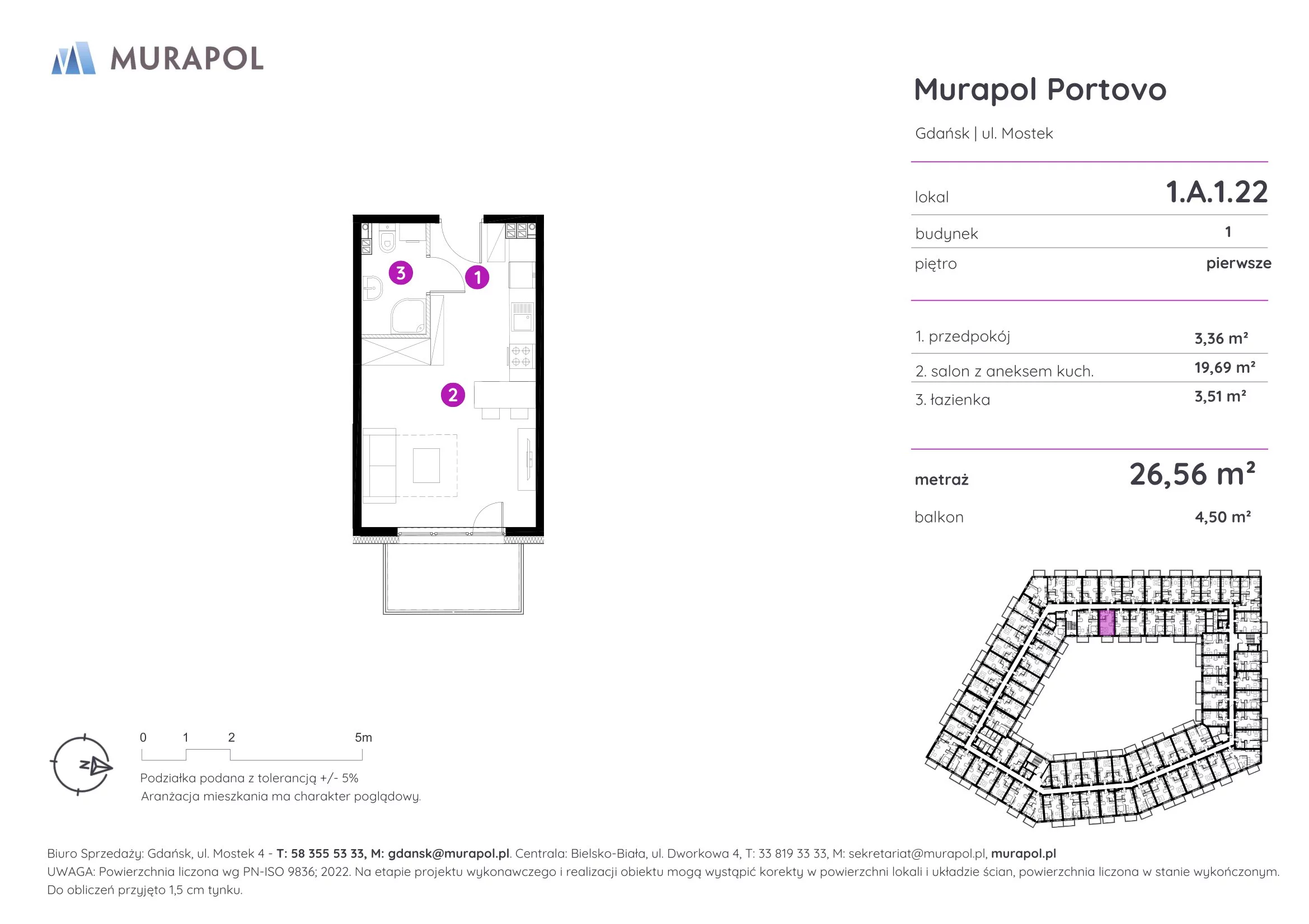 1 pokój, apartament inwestycyjny 26,56 m², piętro 1, oferta nr 1.A.1.22, Murapol Portovo, Gdańsk, Śródmieście, ul. Mostek
