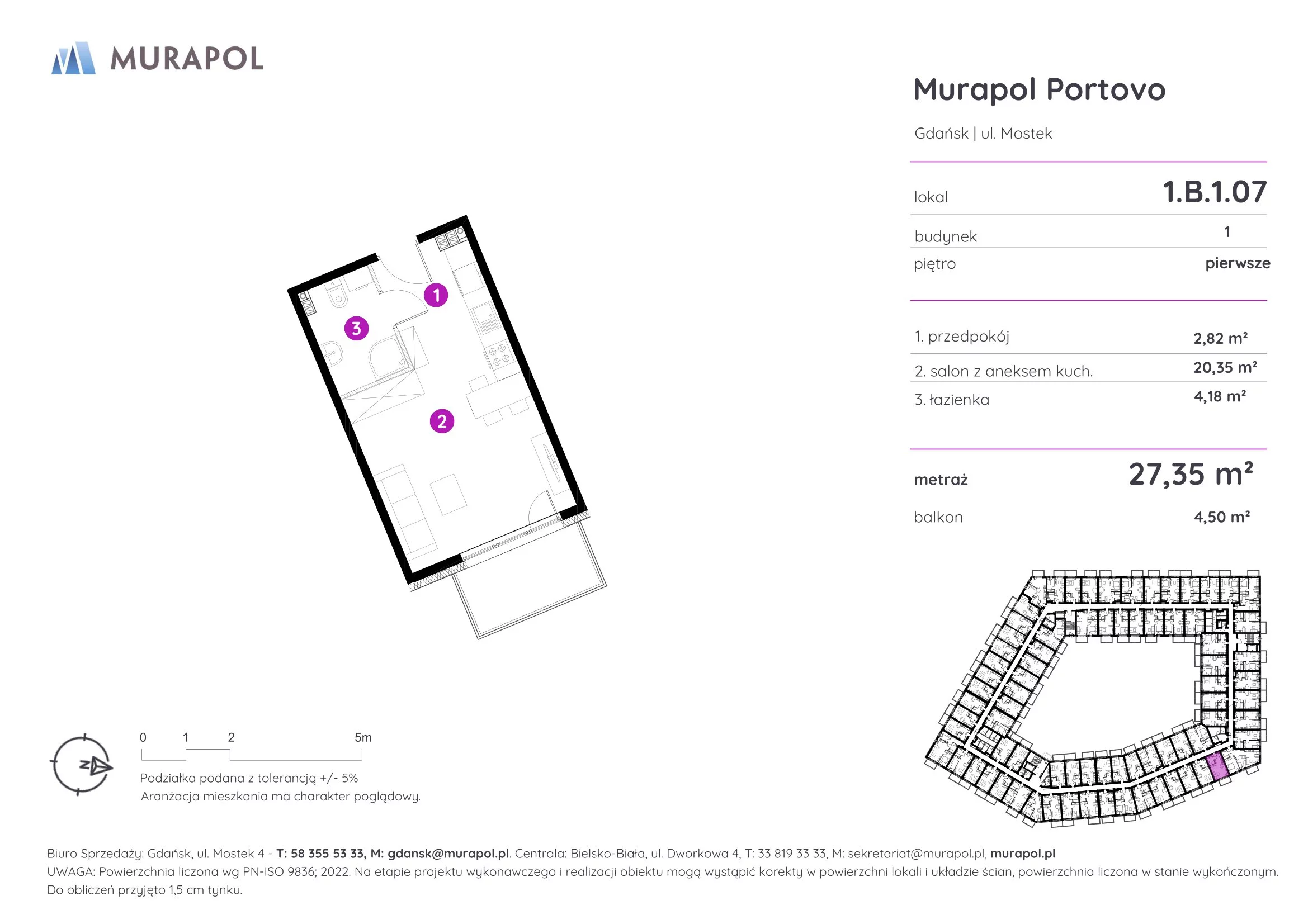 1 pokój, apartament inwestycyjny 27,35 m², piętro 1, oferta nr 1.B.1.07, Murapol Portovo, Gdańsk, Śródmieście, ul. Mostek