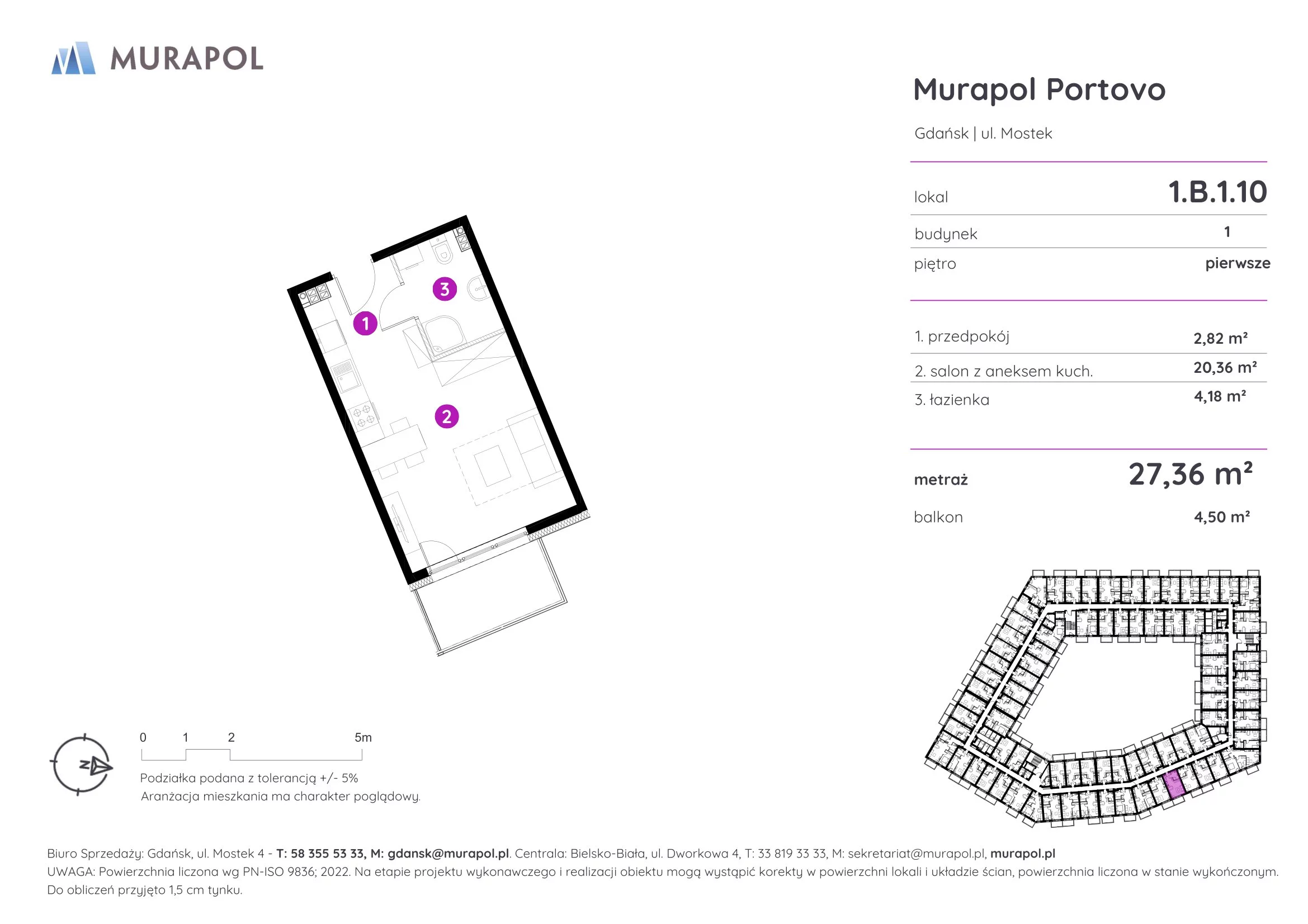 1 pokój, apartament inwestycyjny 27,36 m², piętro 1, oferta nr 1.B.1.10, Murapol Portovo, Gdańsk, Śródmieście, ul. Mostek