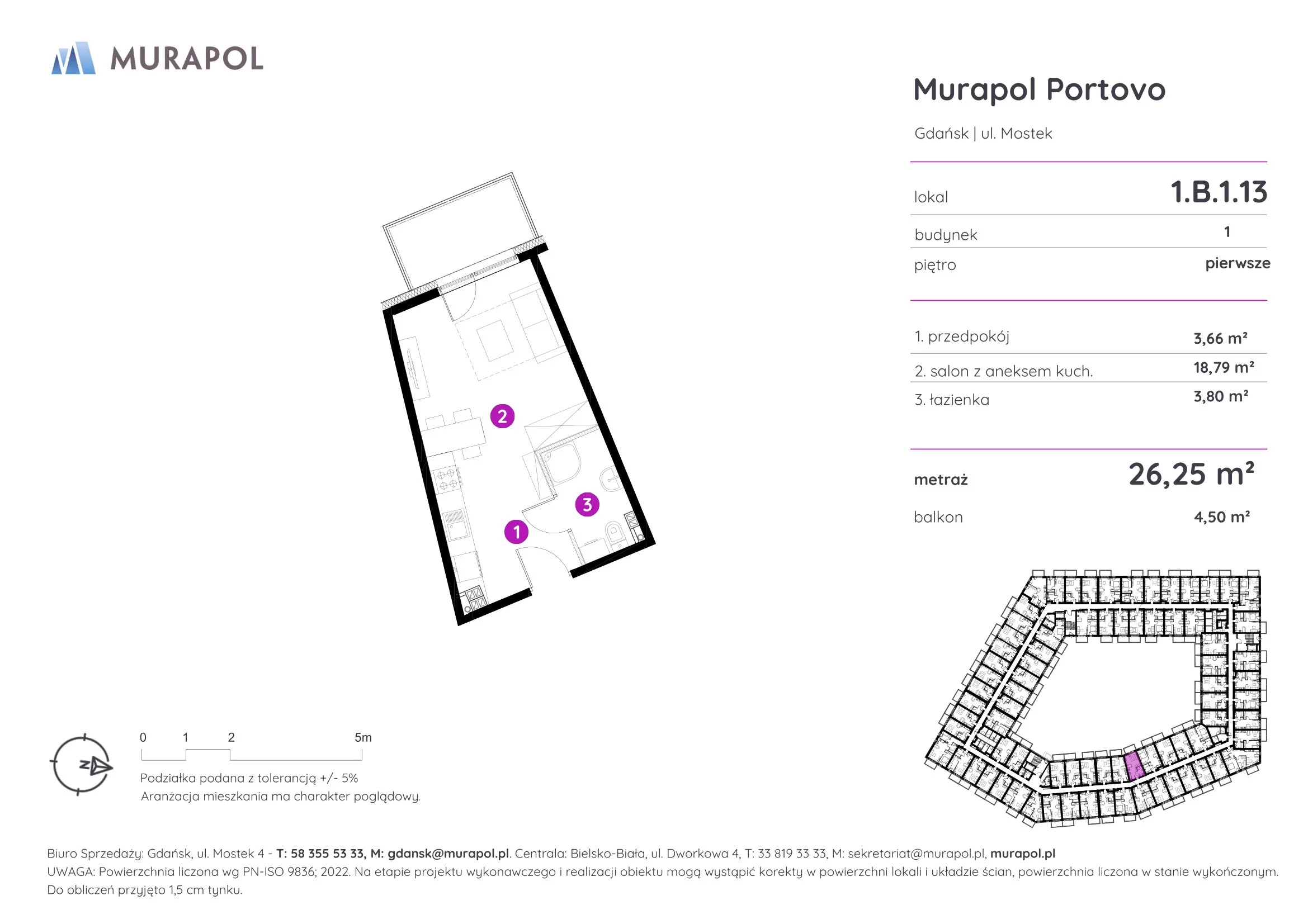 1 pokój, apartament inwestycyjny 26,25 m², piętro 1, oferta nr 1.B.1.13, Murapol Portovo, Gdańsk, Śródmieście, ul. Mostek