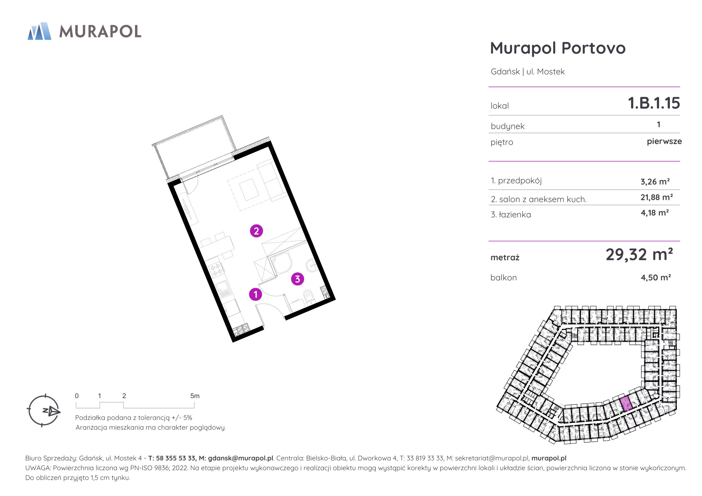 1 pokój, apartament inwestycyjny 29,32 m², piętro 1, oferta nr 1.B.1.15, Murapol Portovo, Gdańsk, Śródmieście, ul. Mostek