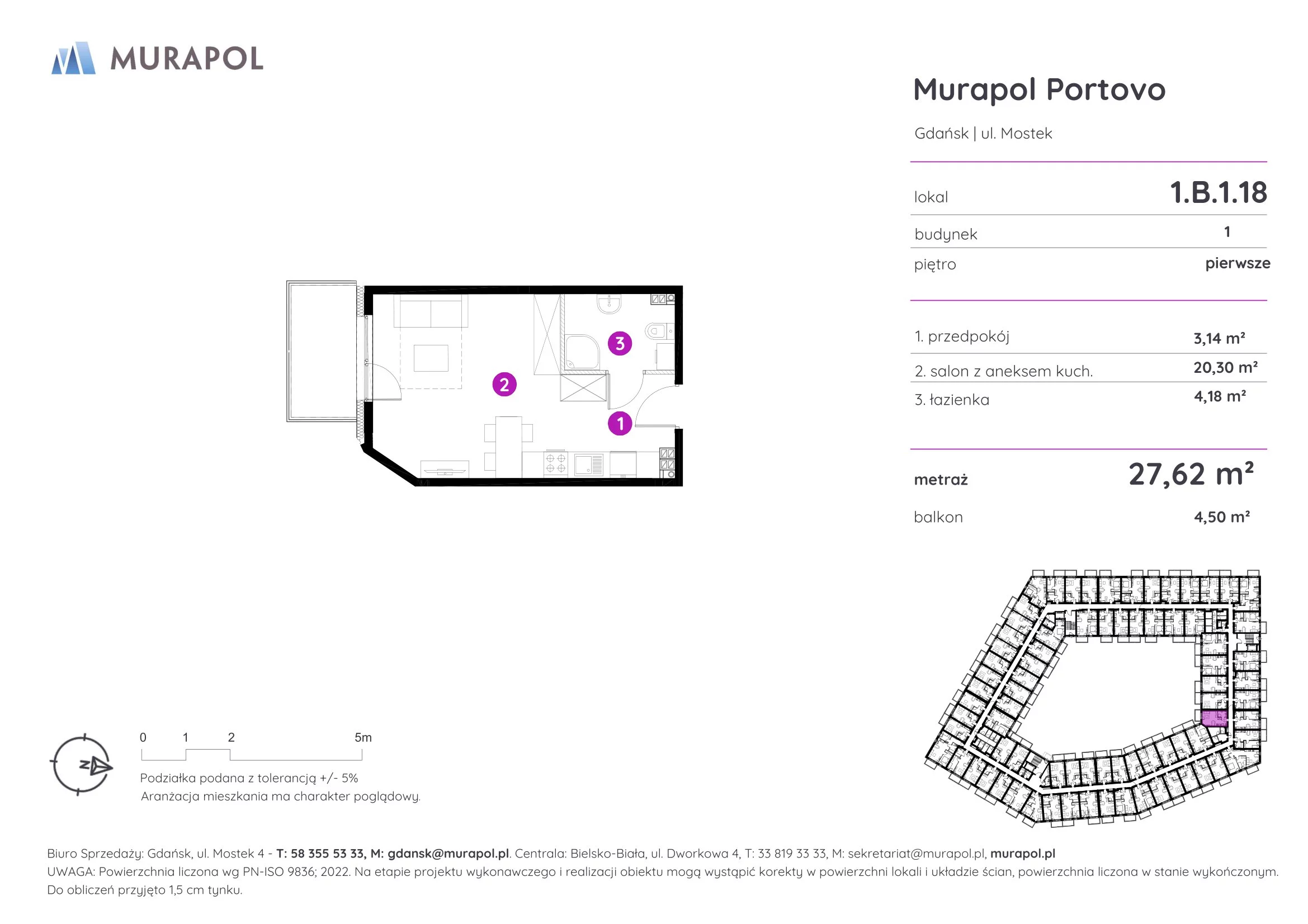1 pokój, apartament inwestycyjny 27,62 m², piętro 1, oferta nr 1.B.1.18, Murapol Portovo, Gdańsk, Śródmieście, ul. Mostek