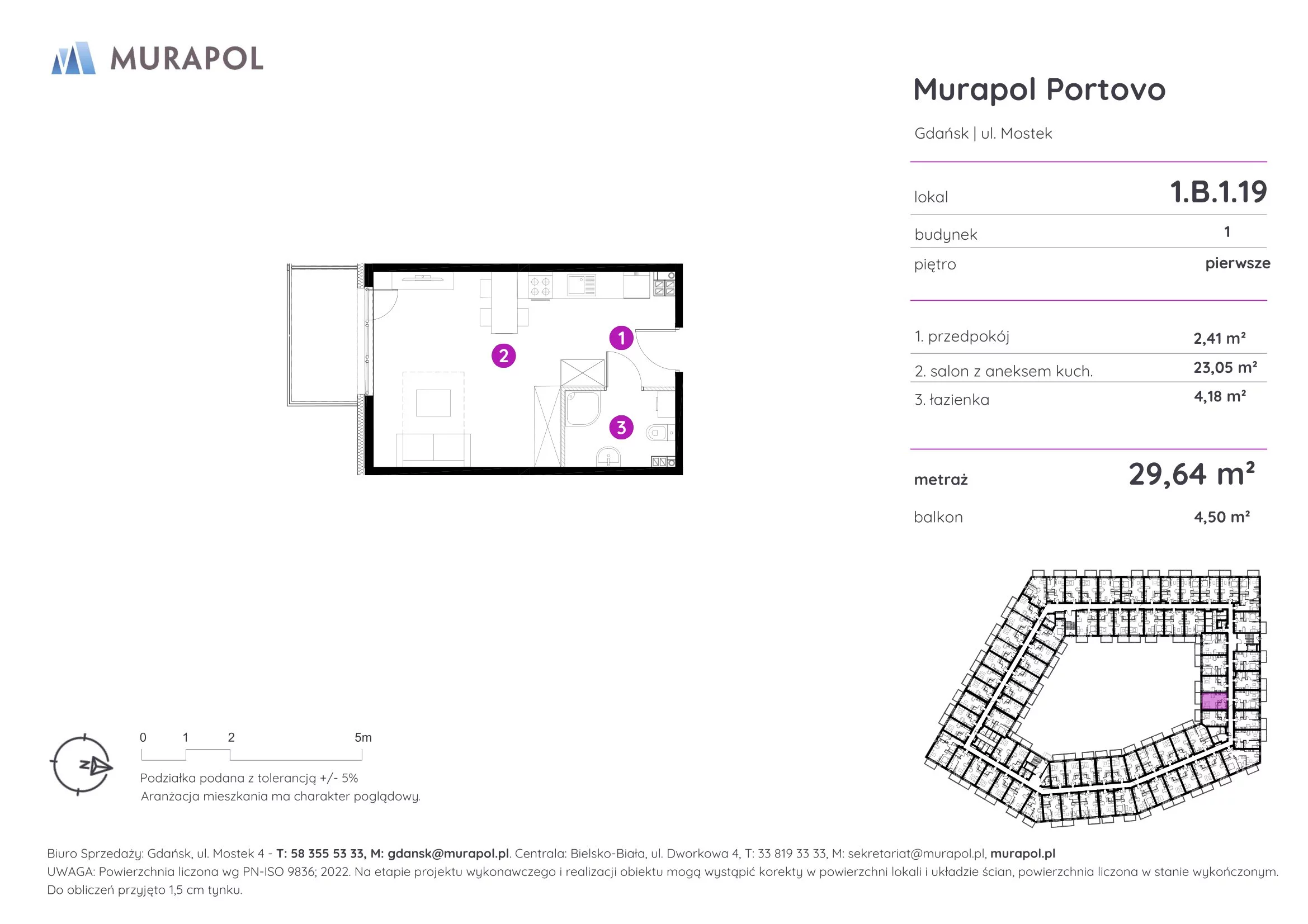 1 pokój, apartament inwestycyjny 29,64 m², piętro 1, oferta nr 1.B.1.19, Murapol Portovo, Gdańsk, Śródmieście, ul. Mostek