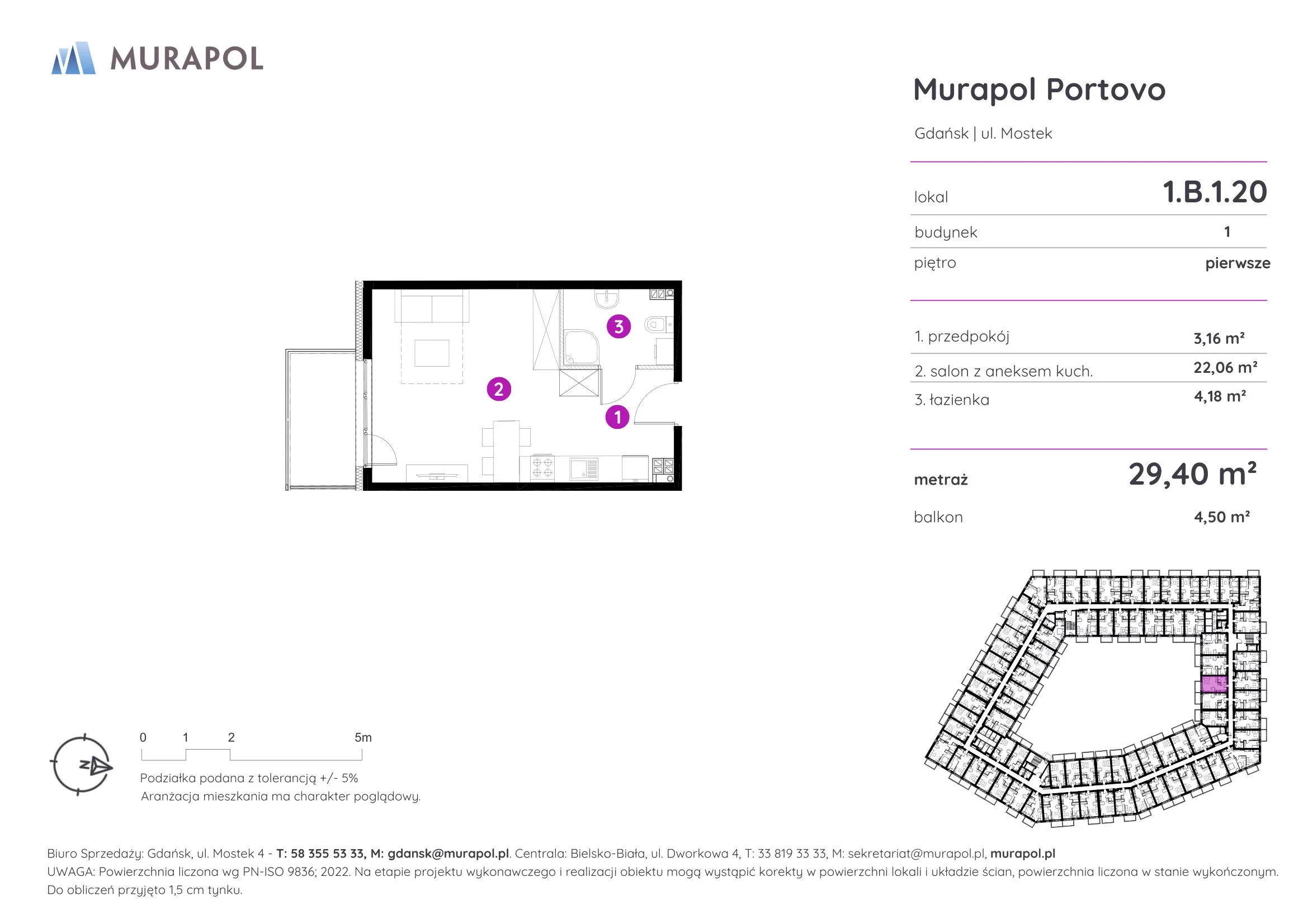 1 pokój, apartament inwestycyjny 29,40 m², piętro 1, oferta nr 1.B.1.20, Murapol Portovo, Gdańsk, Śródmieście, ul. Mostek
