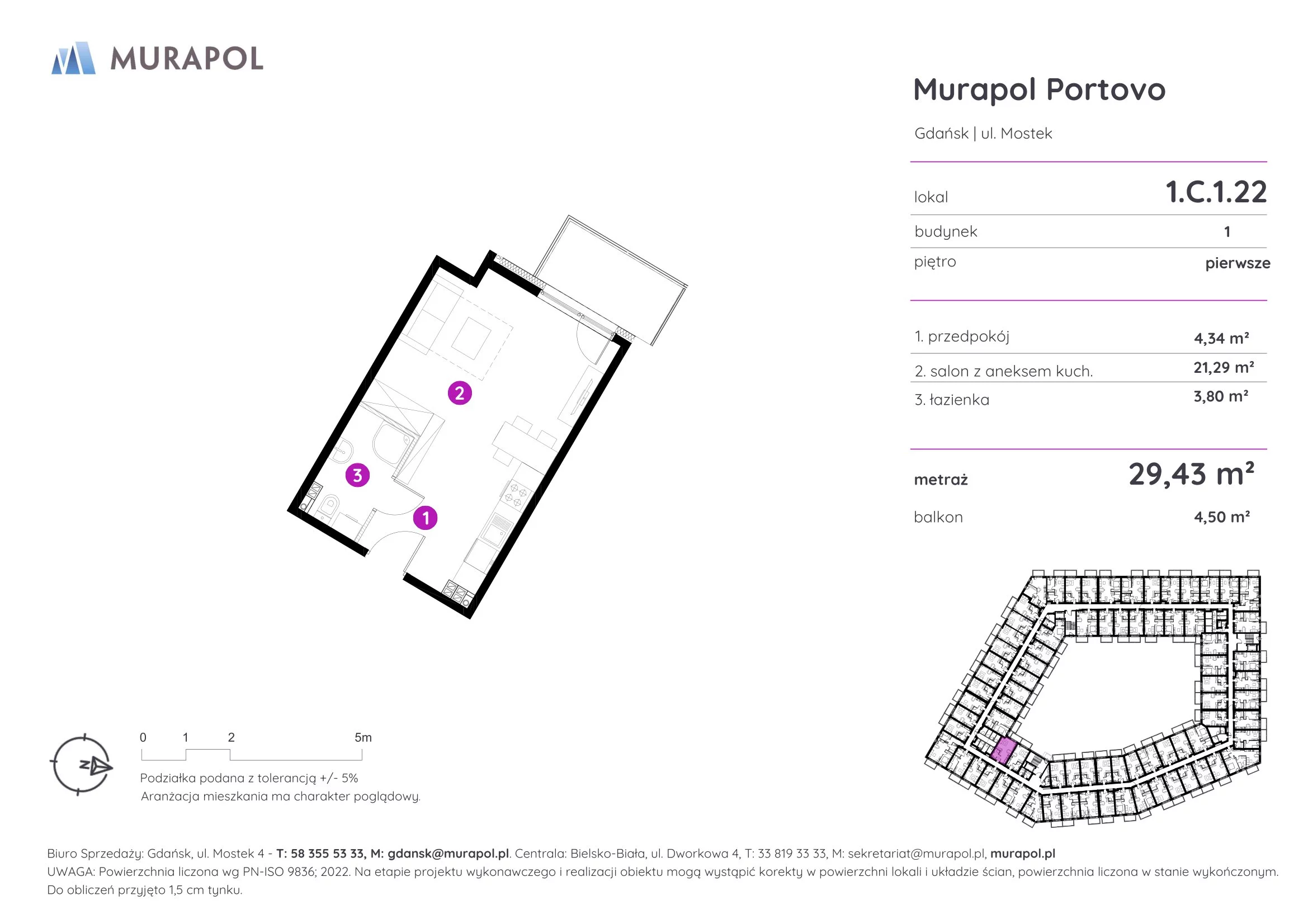 1 pokój, apartament inwestycyjny 29,43 m², piętro 1, oferta nr 1.C.1.22, Murapol Portovo, Gdańsk, Śródmieście, ul. Mostek