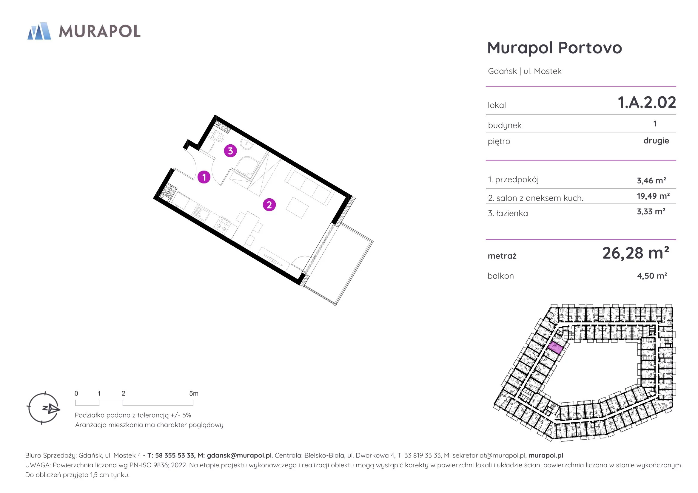 1 pokój, apartament inwestycyjny 26,28 m², piętro 2, oferta nr 1.A.2.02, Murapol Portovo, Gdańsk, Śródmieście, ul. Mostek