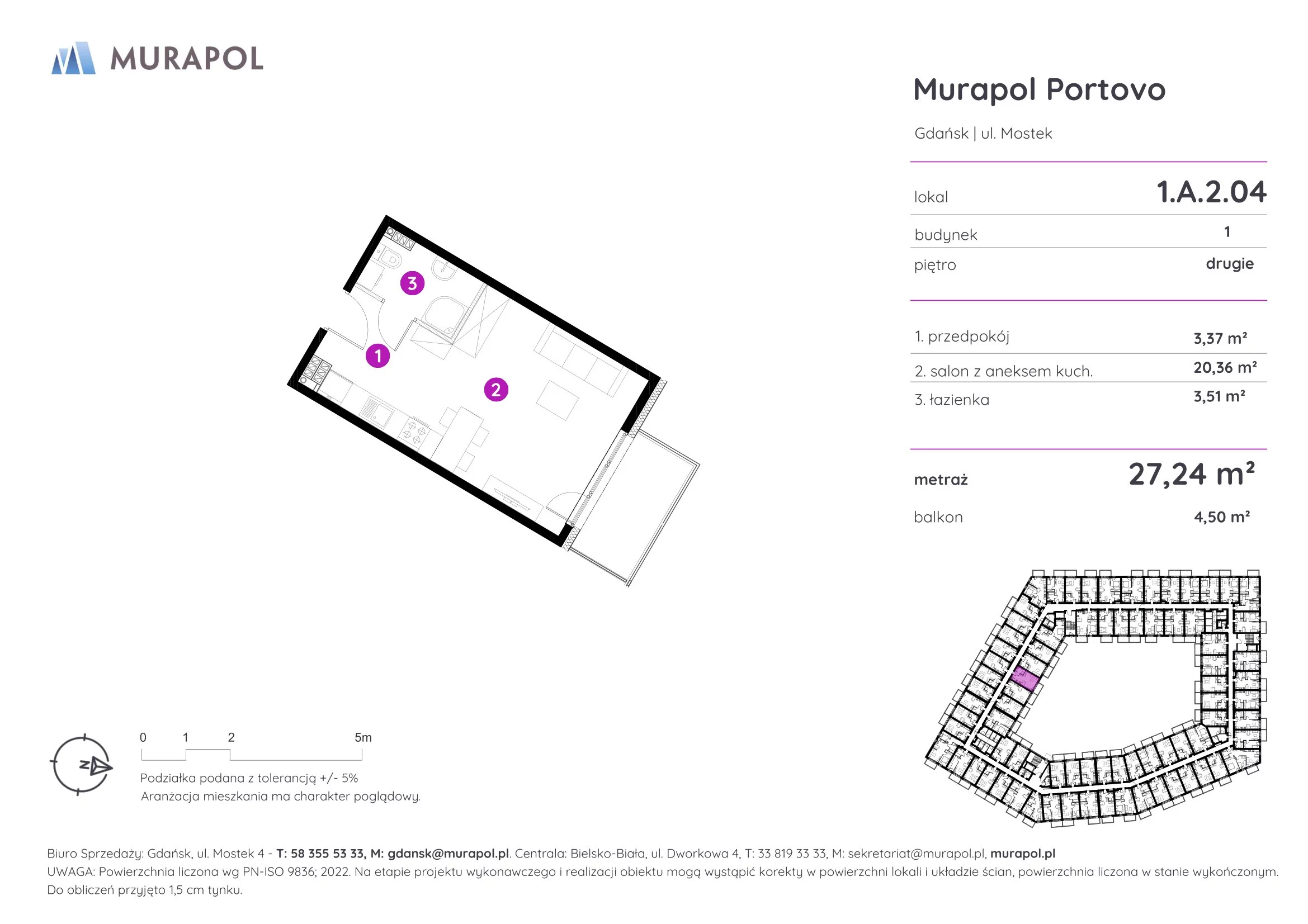 1 pokój, apartament inwestycyjny 27,24 m², piętro 2, oferta nr 1.A.2.04, Murapol Portovo, Gdańsk, Śródmieście, ul. Mostek