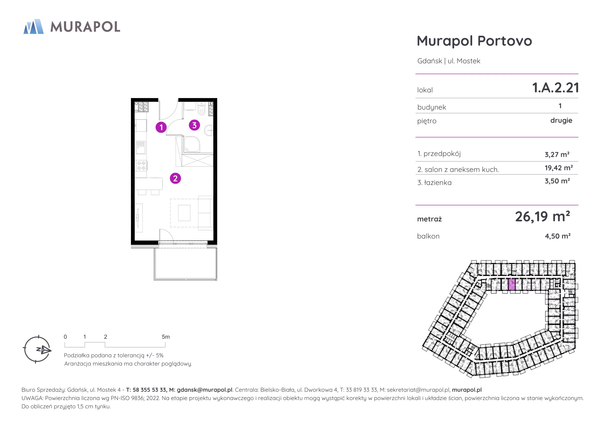1 pokój, apartament inwestycyjny 26,19 m², piętro 2, oferta nr 1.A.2.21, Murapol Portovo, Gdańsk, Śródmieście, ul. Mostek