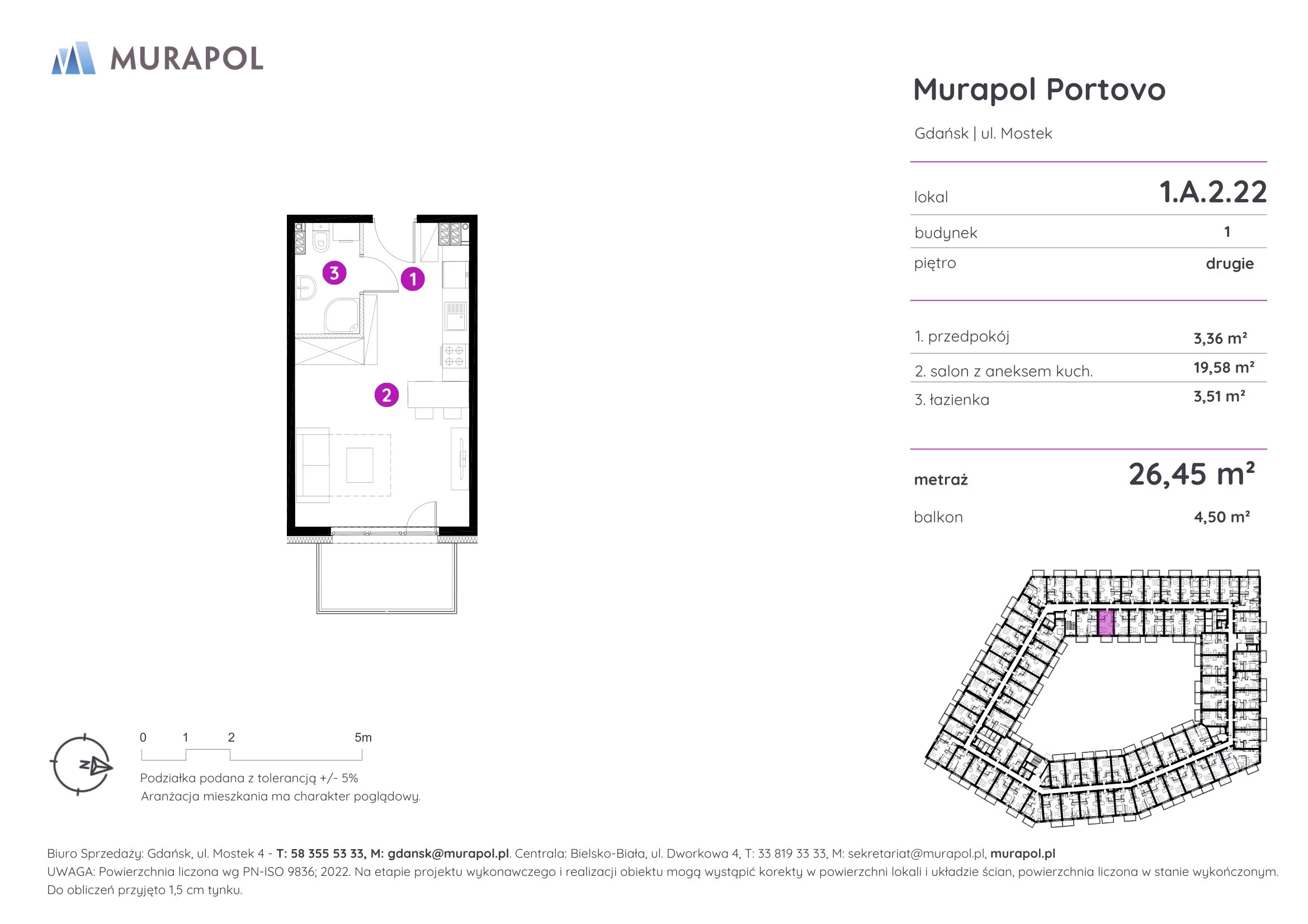 1 pokój, apartament inwestycyjny 26,45 m², piętro 2, oferta nr 1.A.2.22, Murapol Portovo, Gdańsk, Śródmieście, ul. Mostek