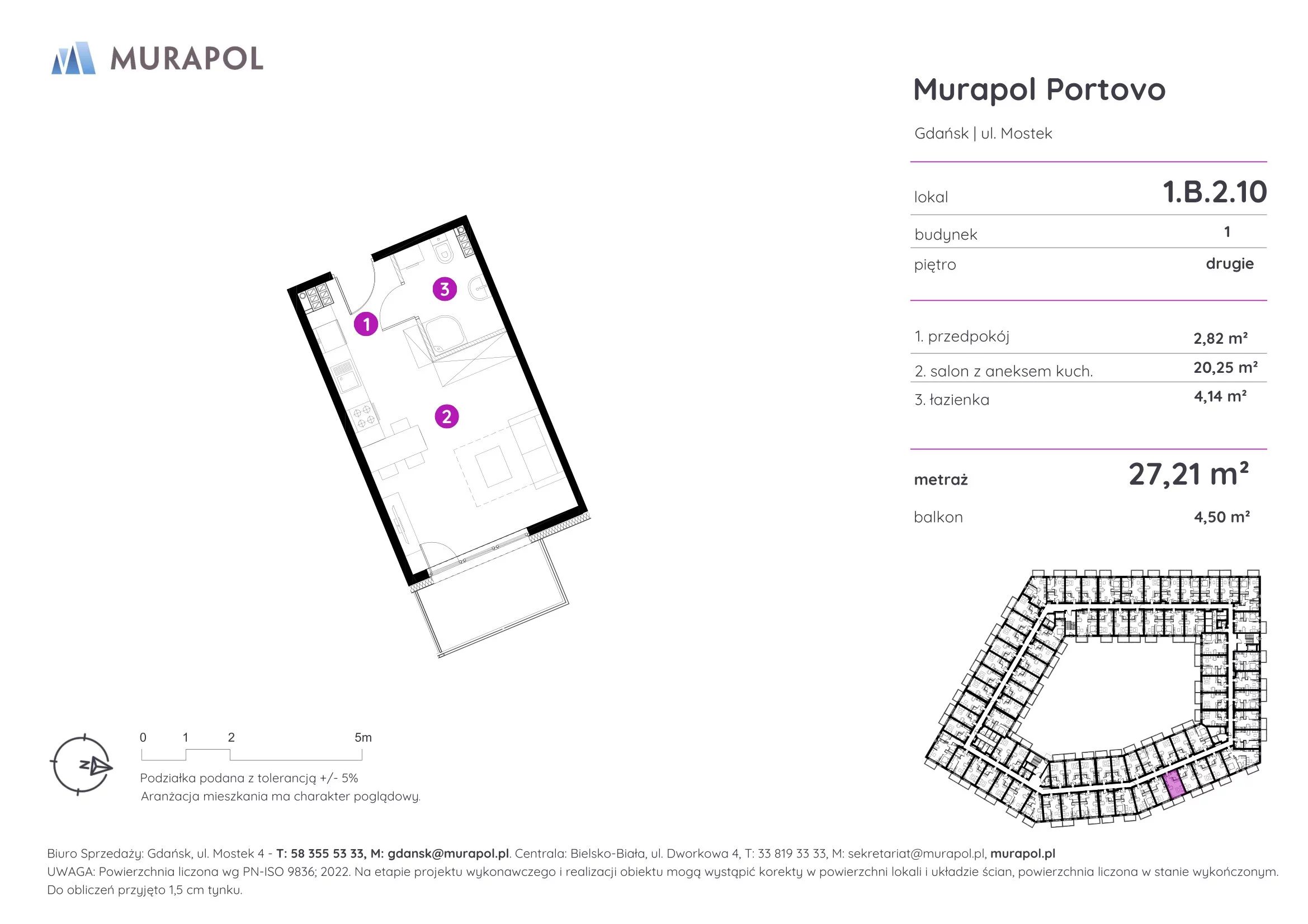 1 pokój, apartament inwestycyjny 27,21 m², piętro 2, oferta nr 1.B.2.10, Murapol Portovo, Gdańsk, Śródmieście, ul. Mostek