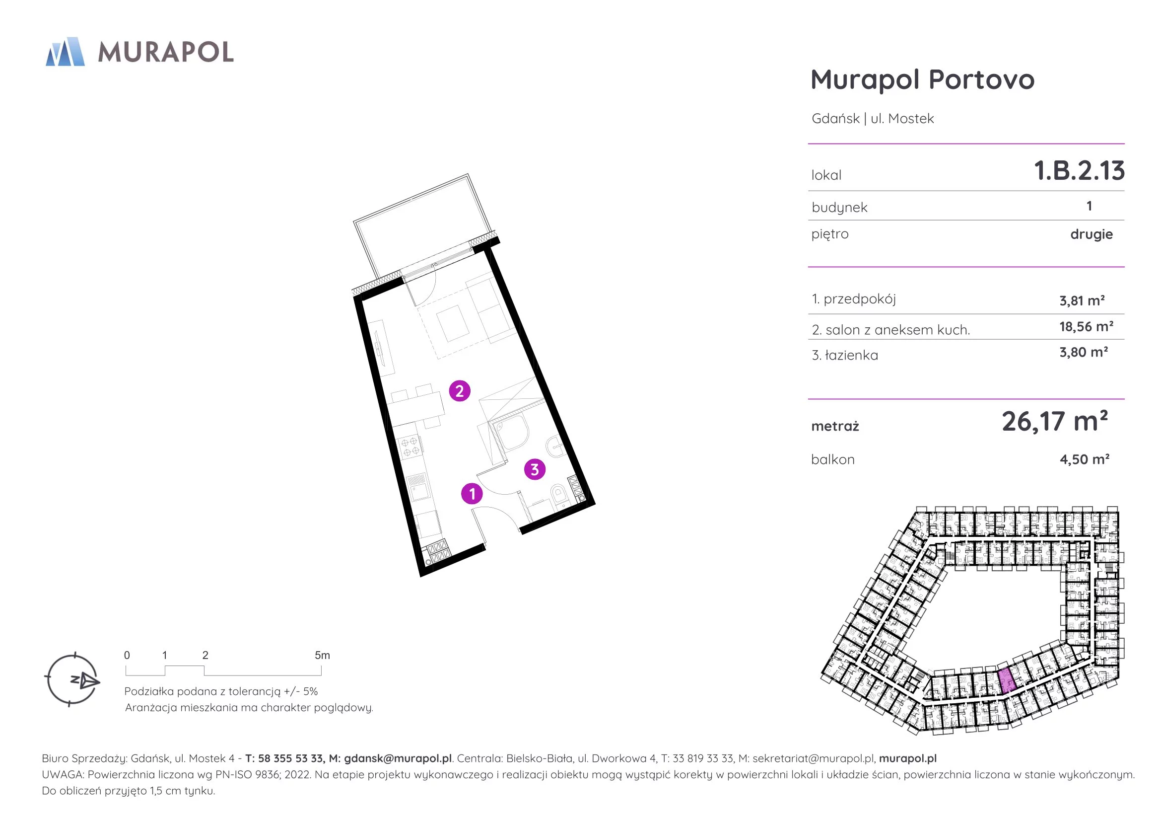 1 pokój, apartament inwestycyjny 26,17 m², piętro 2, oferta nr 1.B.2.13, Murapol Portovo, Gdańsk, Śródmieście, ul. Mostek