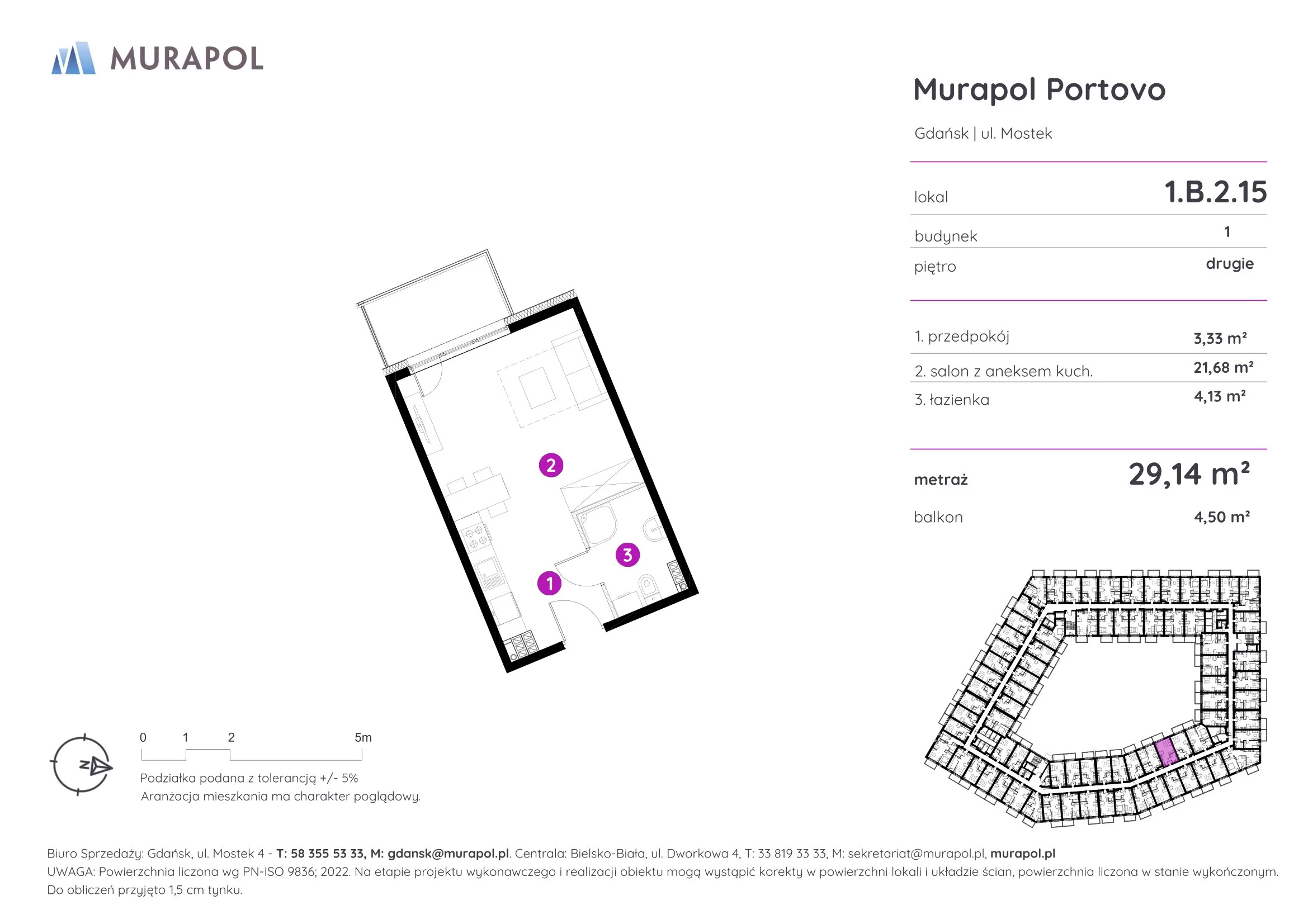1 pokój, apartament inwestycyjny 29,14 m², piętro 2, oferta nr 1.B.2.15, Murapol Portovo, Gdańsk, Śródmieście, ul. Mostek