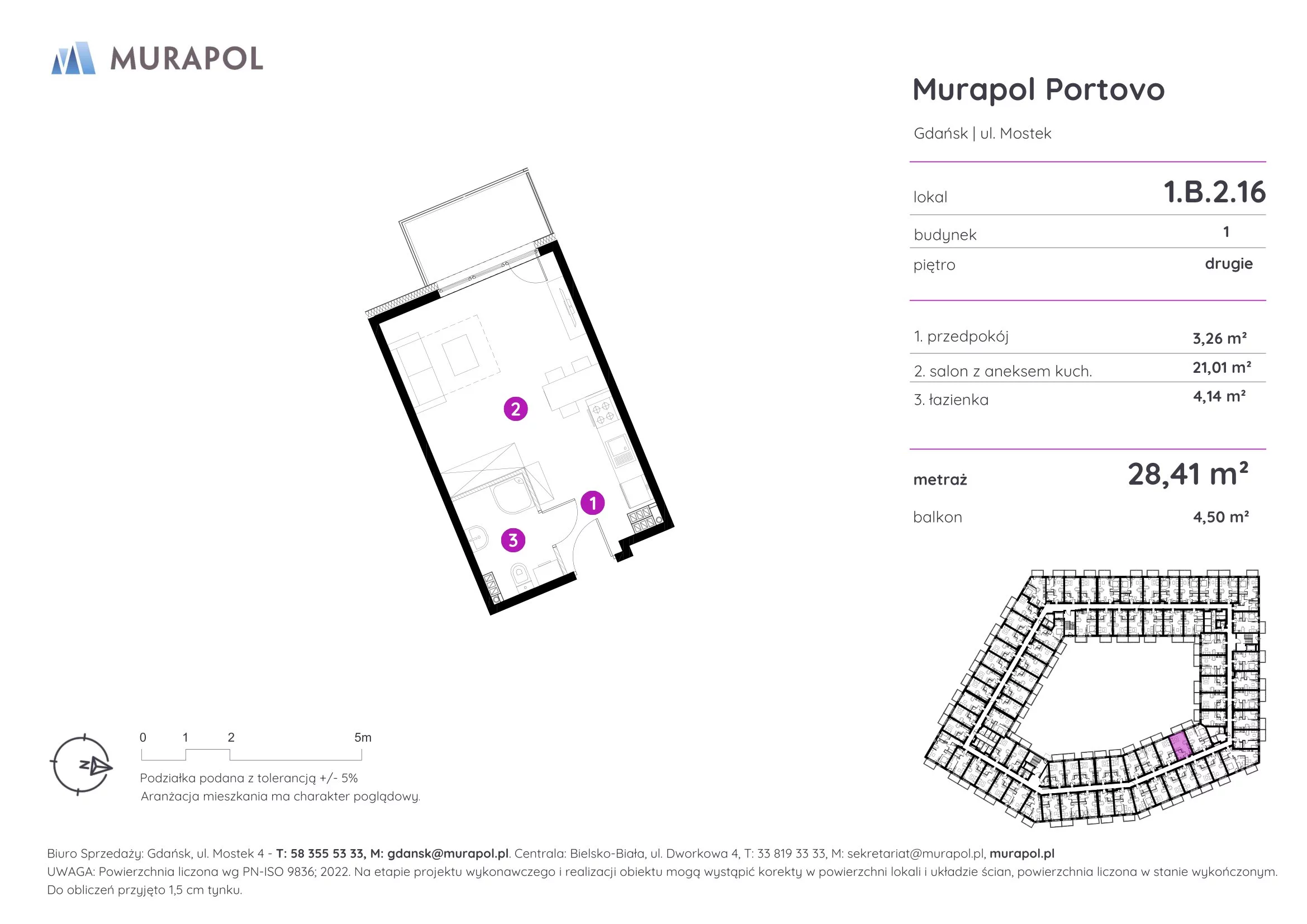 1 pokój, apartament inwestycyjny 28,41 m², piętro 2, oferta nr 1.B.2.16, Murapol Portovo, Gdańsk, Śródmieście, ul. Mostek