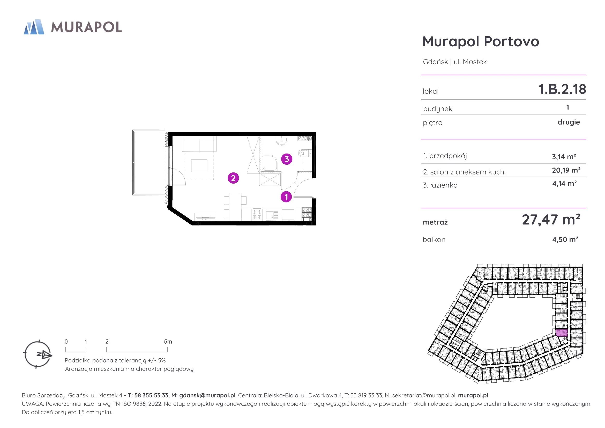 1 pokój, apartament inwestycyjny 27,47 m², piętro 2, oferta nr 1.B.2.18, Murapol Portovo, Gdańsk, Śródmieście, ul. Mostek