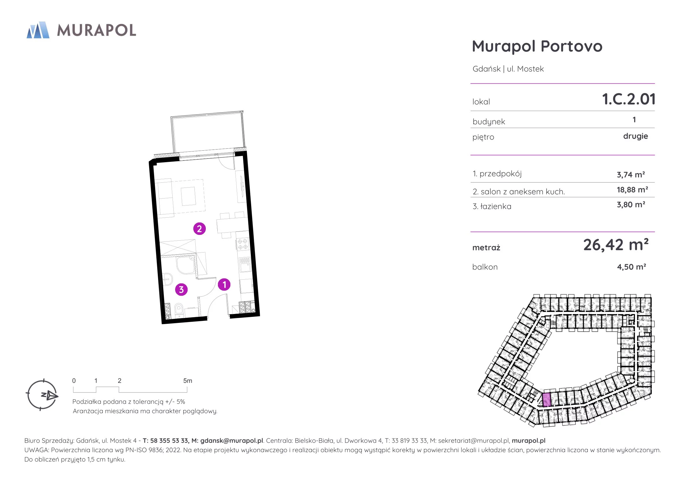 1 pokój, apartament inwestycyjny 26,42 m², piętro 2, oferta nr 1.C.2.01, Murapol Portovo, Gdańsk, Śródmieście, ul. Mostek