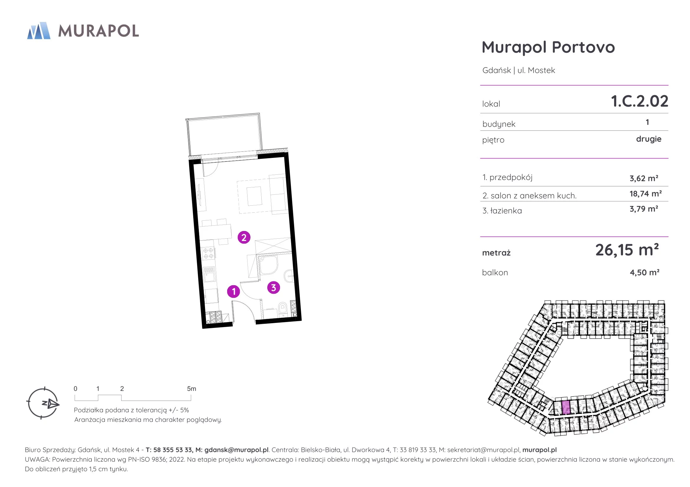 1 pokój, apartament inwestycyjny 26,15 m², piętro 2, oferta nr 1.C.2.02, Murapol Portovo, Gdańsk, Śródmieście, ul. Mostek