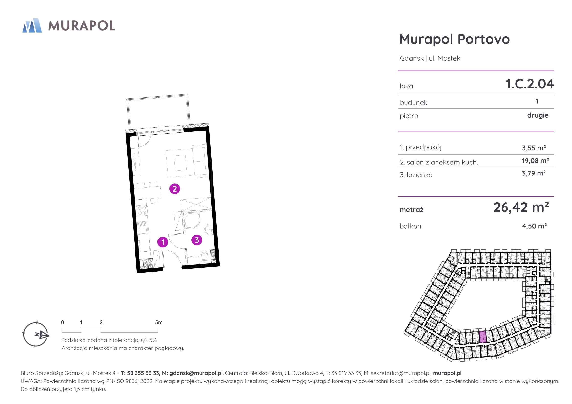 1 pokój, apartament inwestycyjny 26,42 m², piętro 2, oferta nr 1.C.2.04, Murapol Portovo, Gdańsk, Śródmieście, ul. Mostek