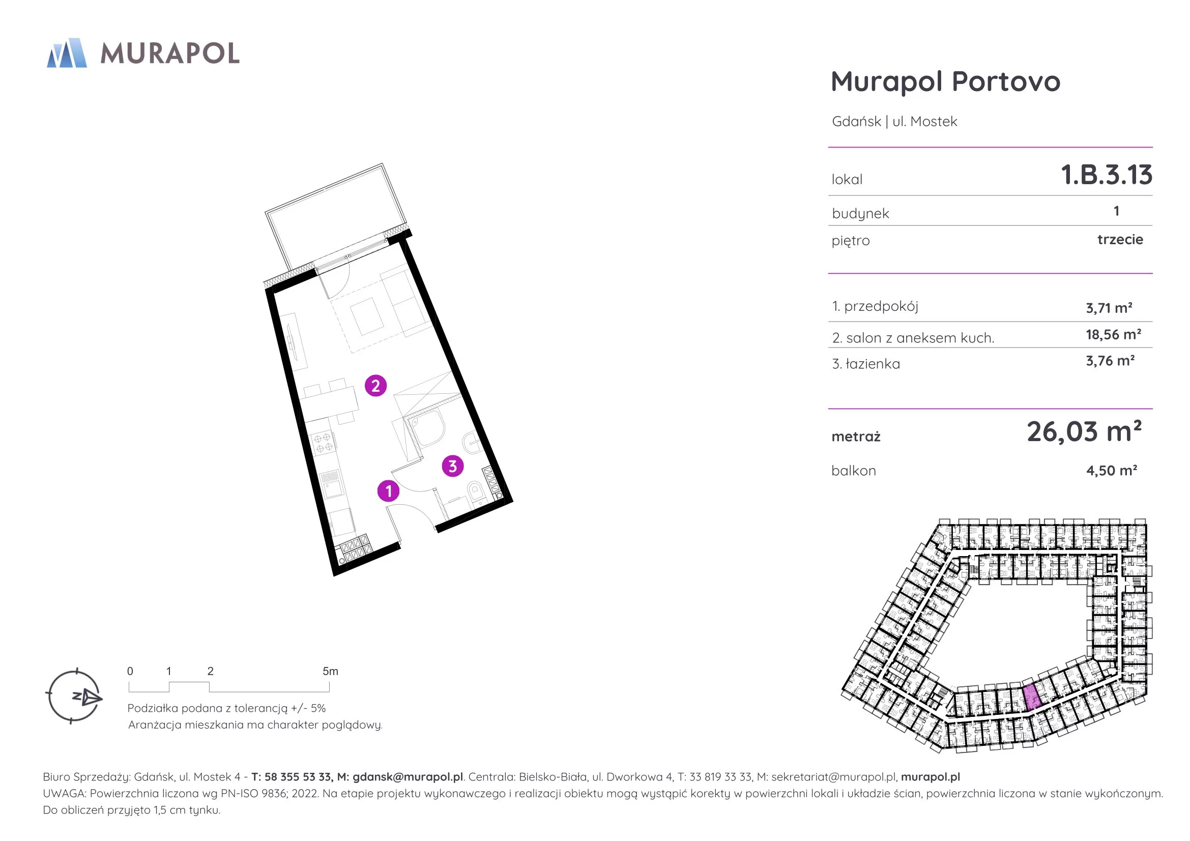 1 pokój, apartament inwestycyjny 26,03 m², piętro 3, oferta nr 1.B.3.13, Murapol Portovo, Gdańsk, Śródmieście, ul. Mostek