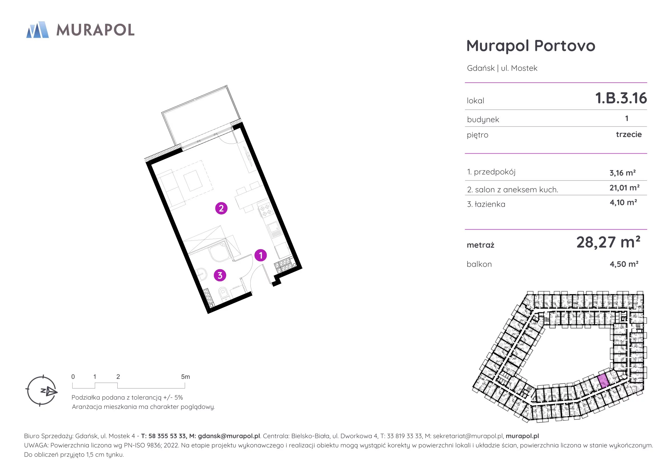 1 pokój, apartament inwestycyjny 28,27 m², piętro 3, oferta nr 1.B.3.16, Murapol Portovo, Gdańsk, Śródmieście, ul. Mostek