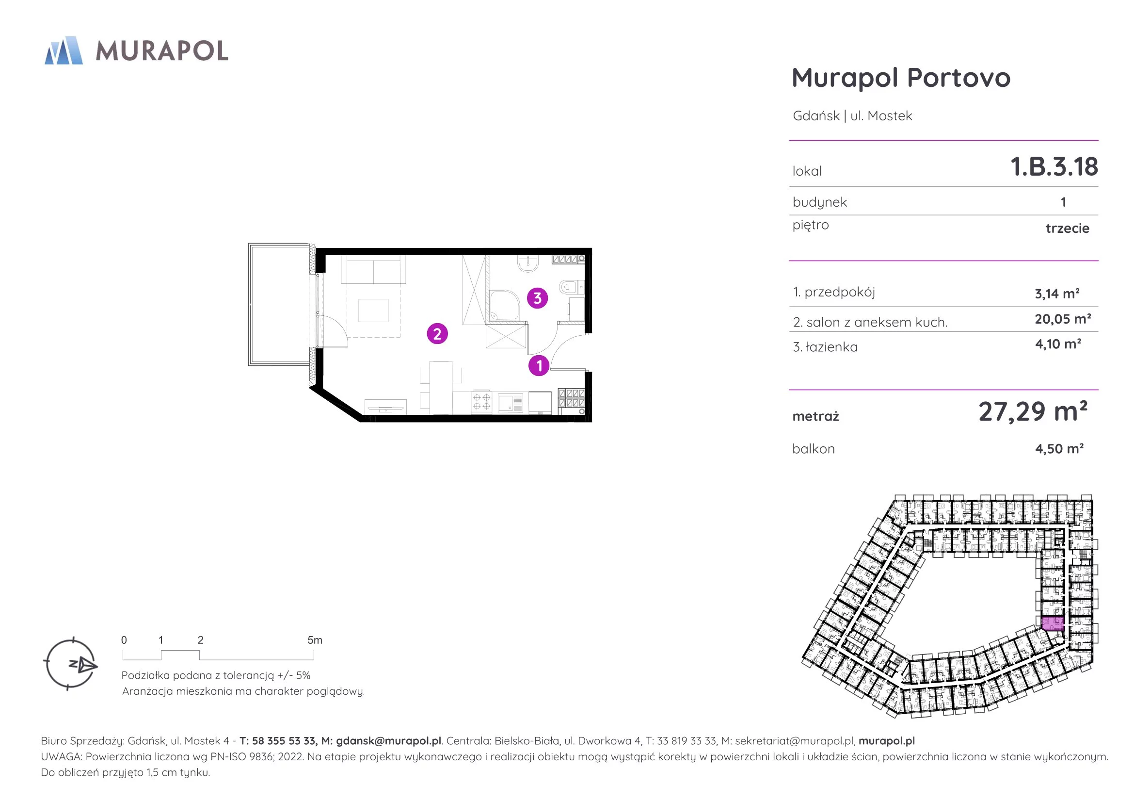 1 pokój, apartament inwestycyjny 27,29 m², piętro 3, oferta nr 1.B.3.18, Murapol Portovo, Gdańsk, Śródmieście, ul. Mostek