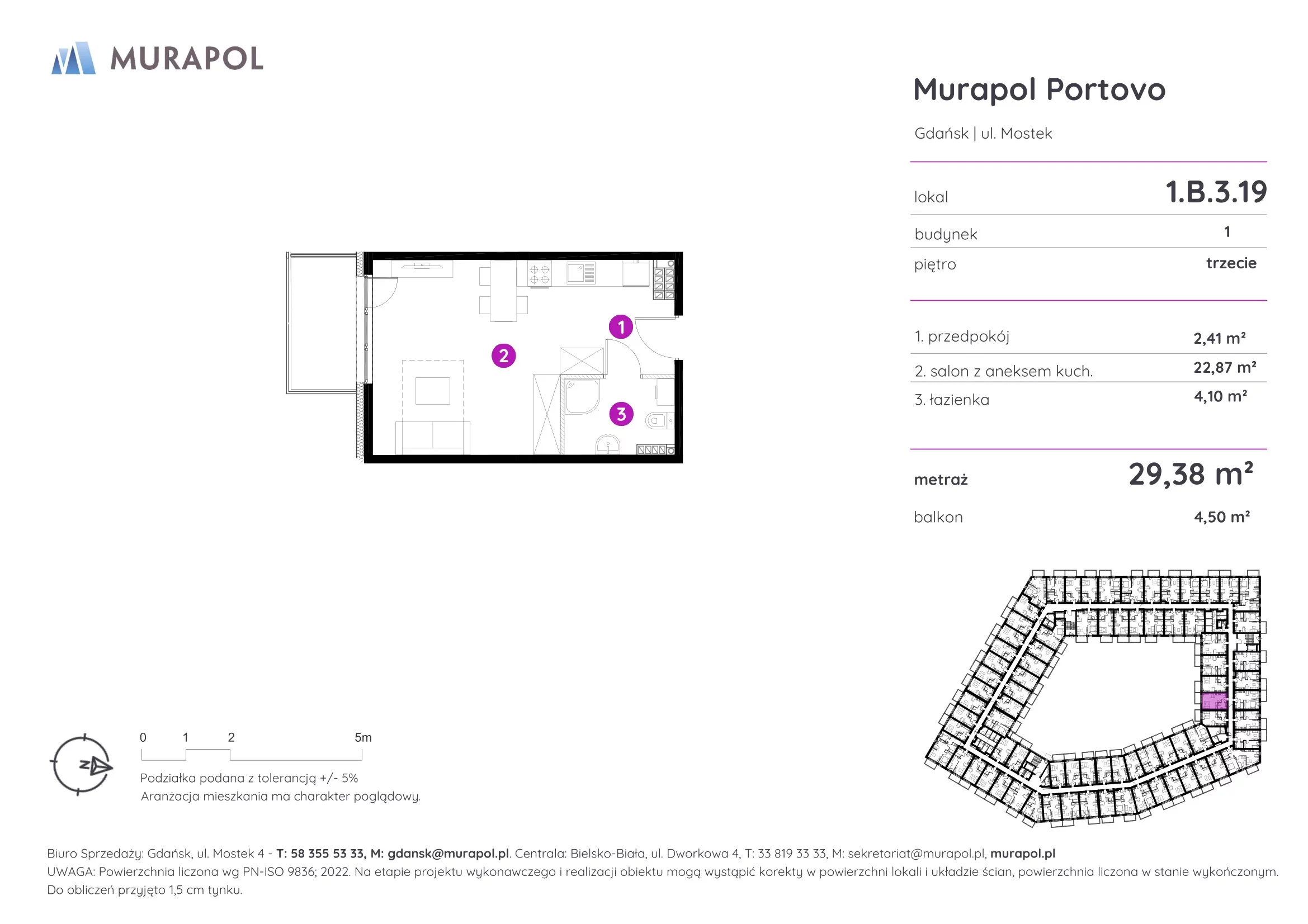 1 pokój, apartament inwestycyjny 29,38 m², piętro 3, oferta nr 1.B.3.19, Murapol Portovo, Gdańsk, Śródmieście, ul. Mostek