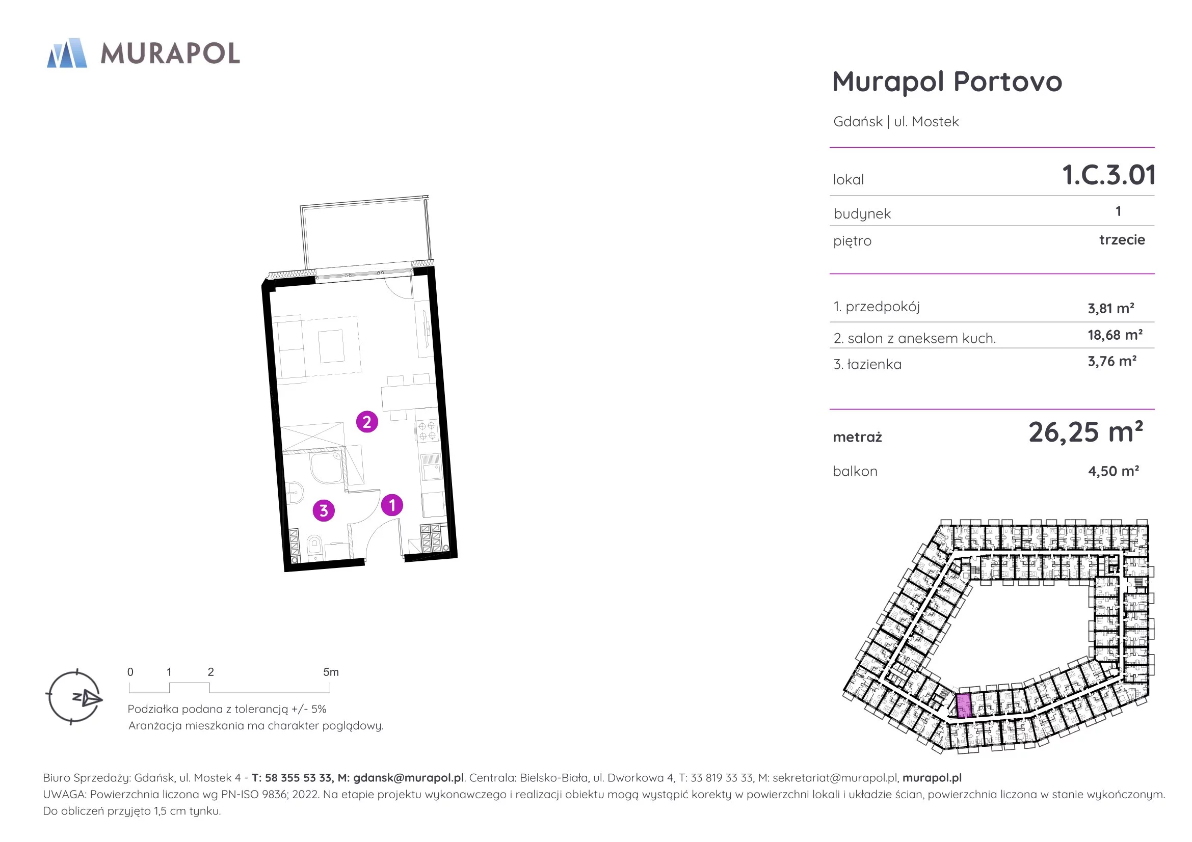 1 pokój, apartament inwestycyjny 26,25 m², piętro 3, oferta nr 1.C.3.01, Murapol Portovo, Gdańsk, Śródmieście, ul. Mostek