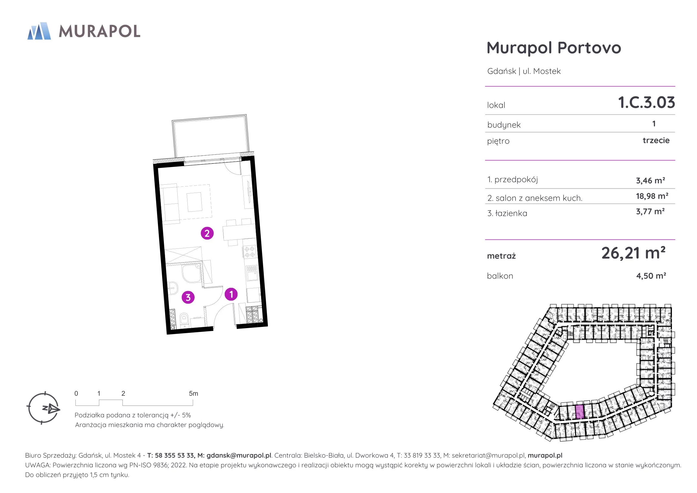 1 pokój, apartament inwestycyjny 26,21 m², piętro 3, oferta nr 1.C.3.03, Murapol Portovo, Gdańsk, Śródmieście, ul. Mostek