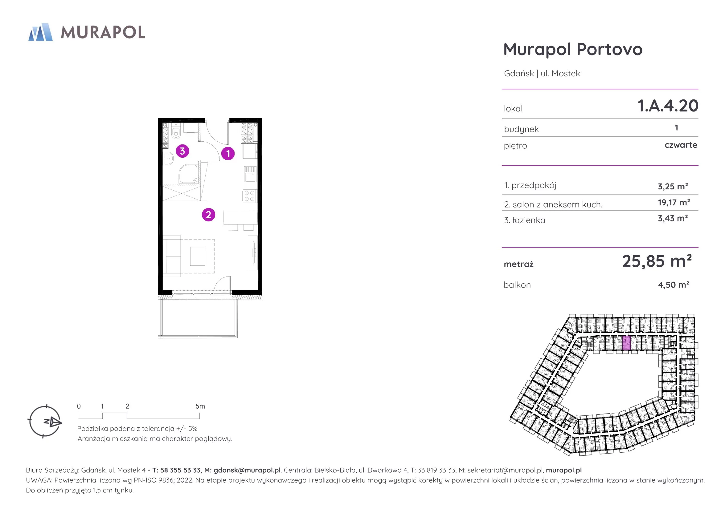 1 pokój, apartament inwestycyjny 25,85 m², piętro 4, oferta nr 1.A.4.20, Murapol Portovo, Gdańsk, Śródmieście, ul. Mostek