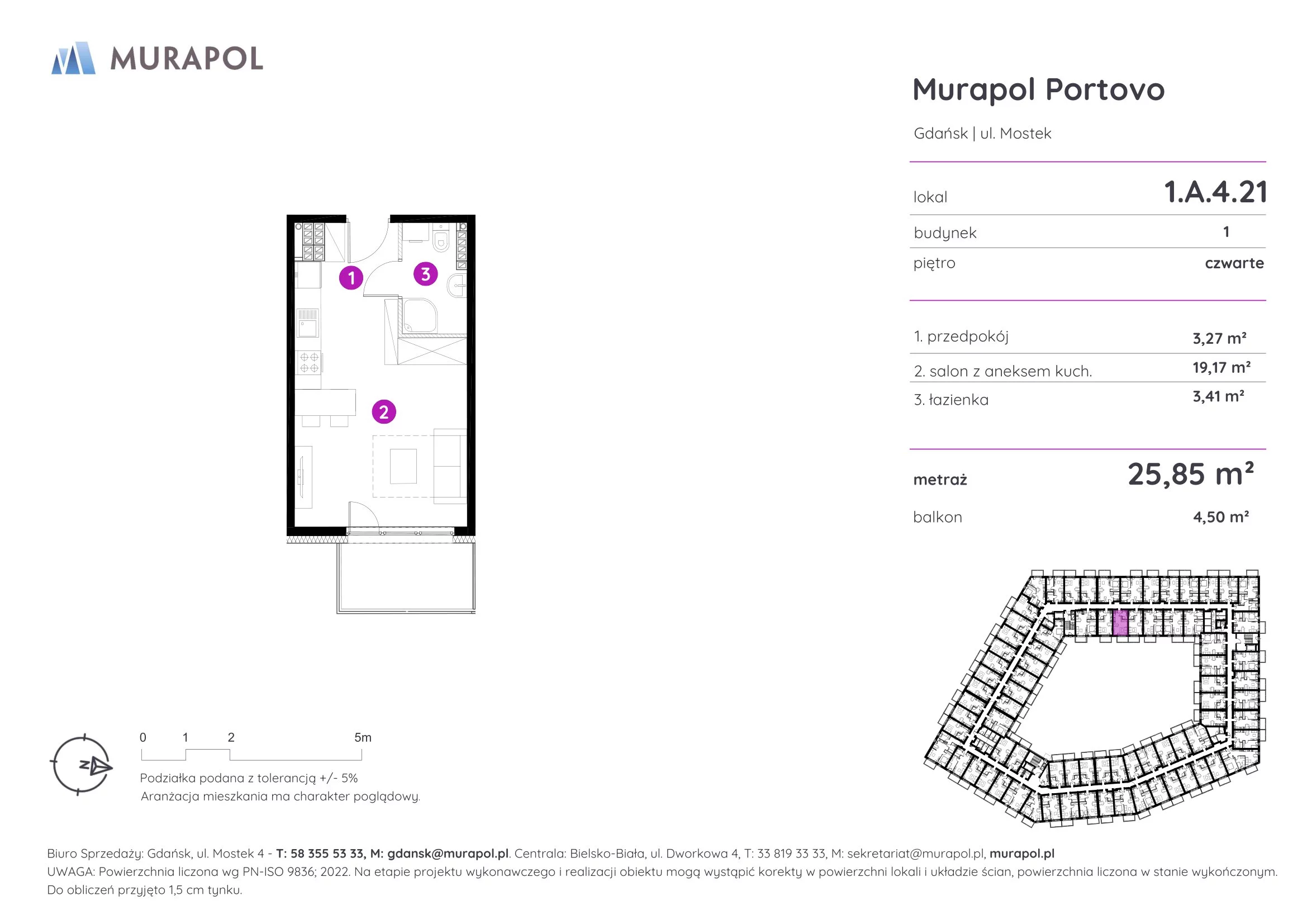 1 pokój, apartament inwestycyjny 25,85 m², piętro 4, oferta nr 1.A.4.21, Murapol Portovo, Gdańsk, Śródmieście, ul. Mostek