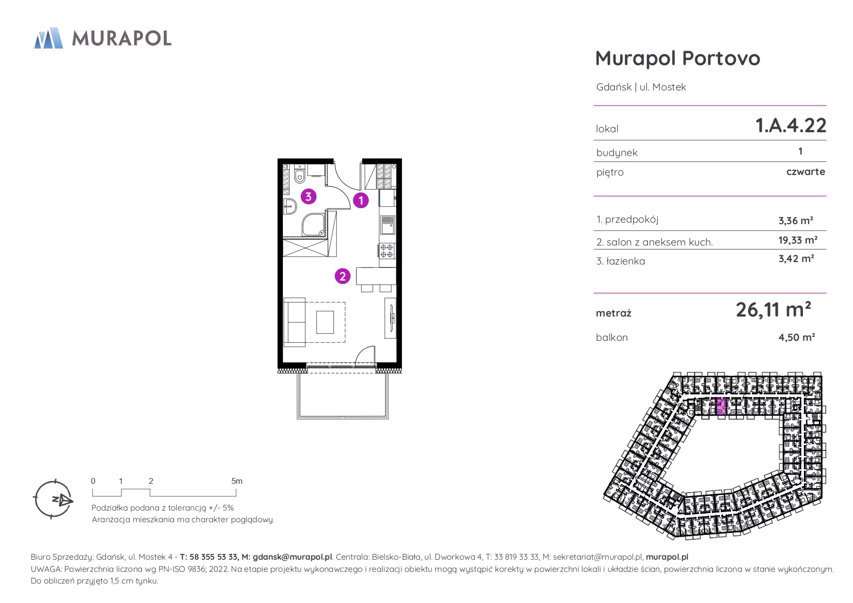 1 pokój, apartament inwestycyjny 26,11 m², piętro 4, oferta nr 1.A.4.22, Murapol Portovo, Gdańsk, Śródmieście, ul. Mostek