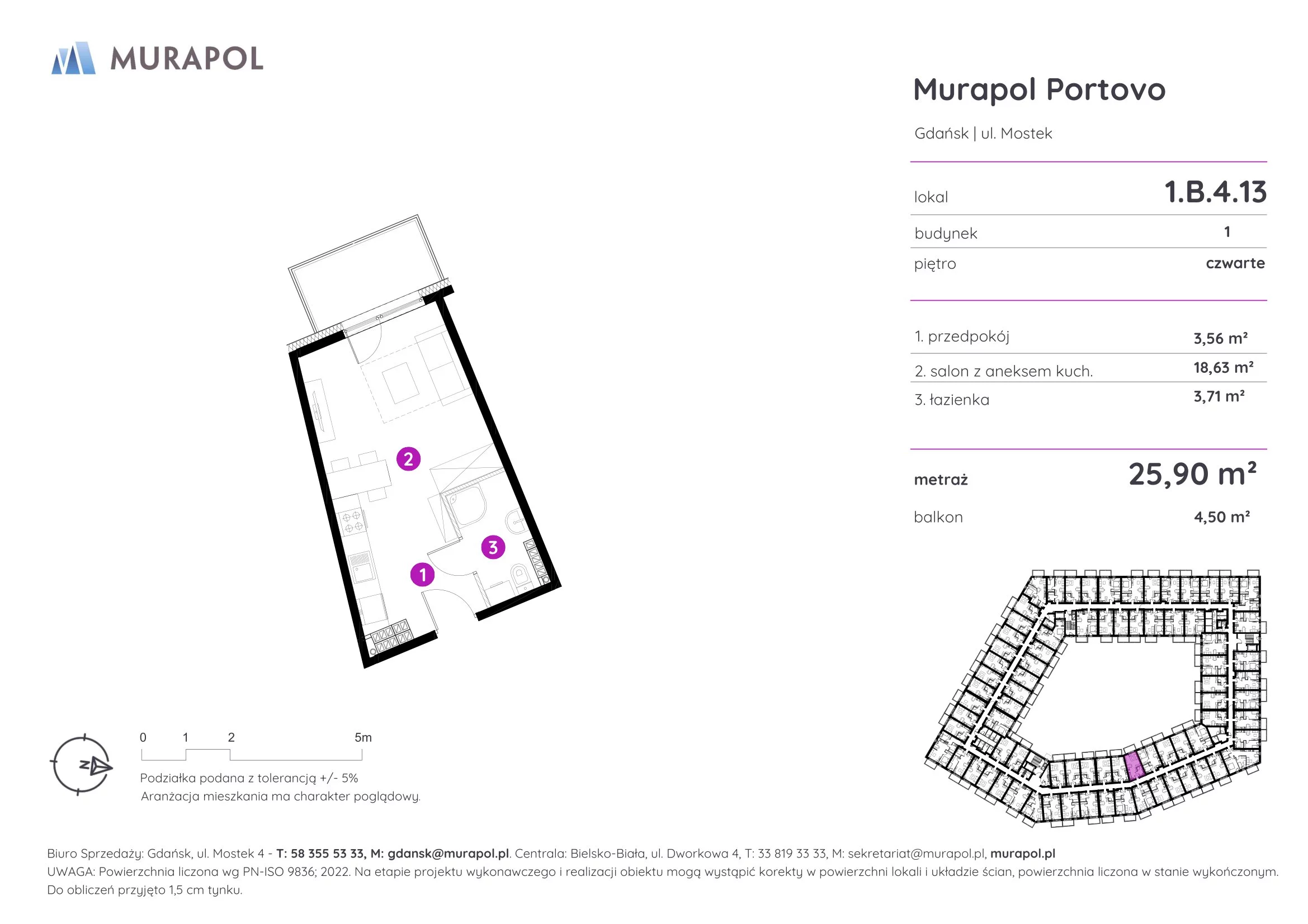 1 pokój, apartament inwestycyjny 25,90 m², piętro 4, oferta nr 1.B.4.13, Murapol Portovo, Gdańsk, Śródmieście, ul. Mostek