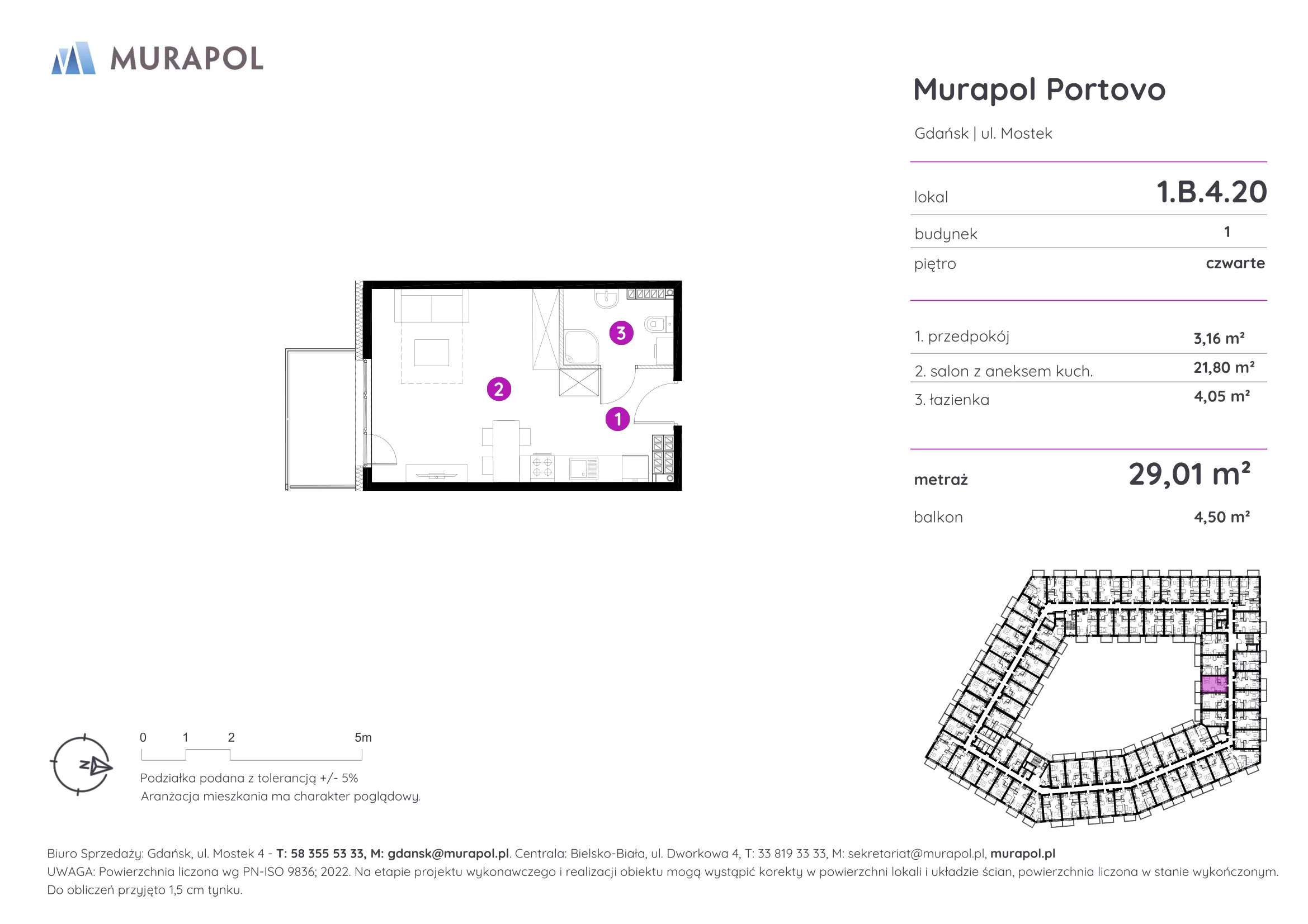1 pokój, apartament inwestycyjny 29,01 m², piętro 4, oferta nr 1.B.4.20, Murapol Portovo, Gdańsk, Śródmieście, ul. Mostek