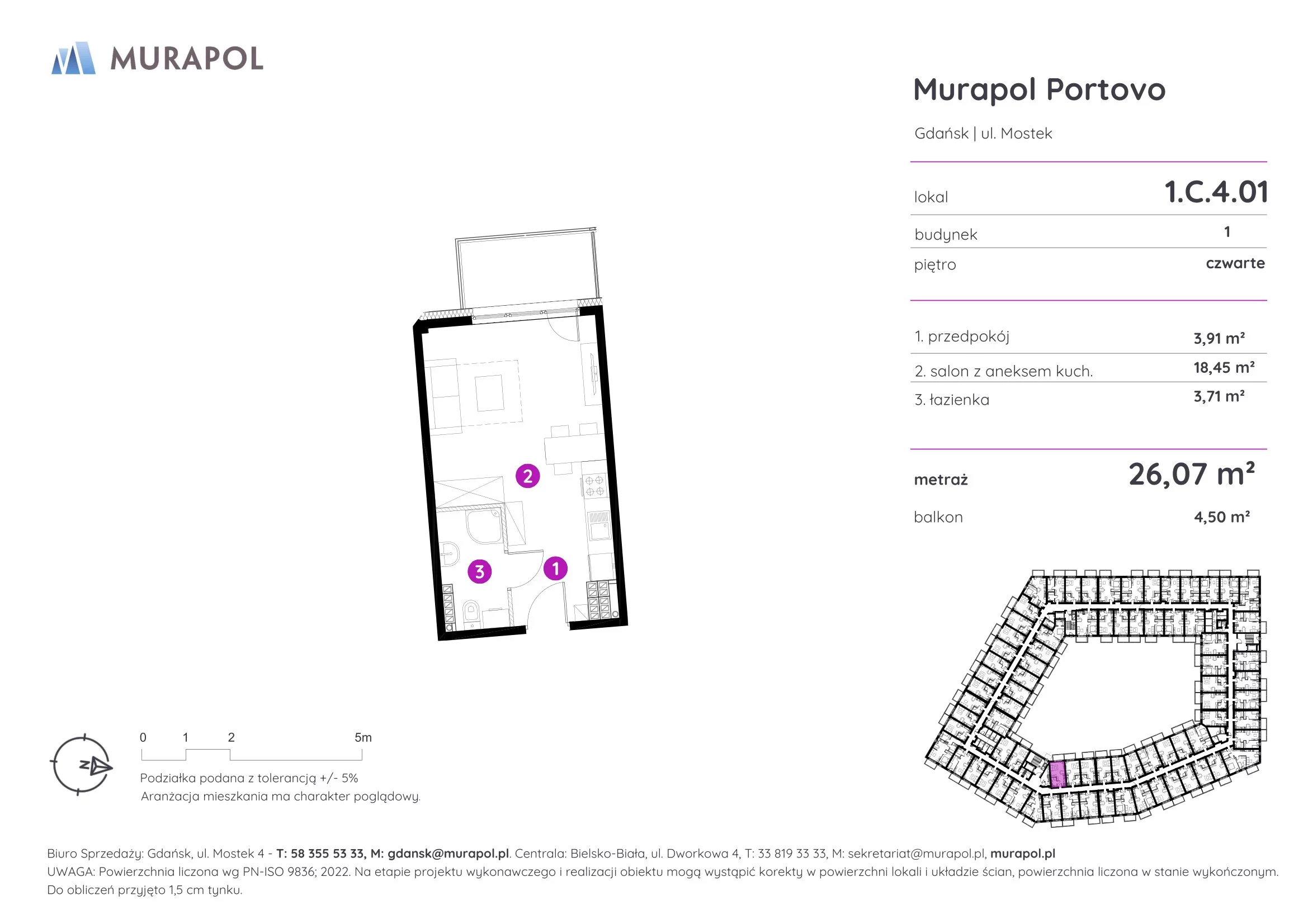 1 pokój, apartament inwestycyjny 26,07 m², piętro 4, oferta nr 1.C.4.01, Murapol Portovo, Gdańsk, Śródmieście, ul. Mostek