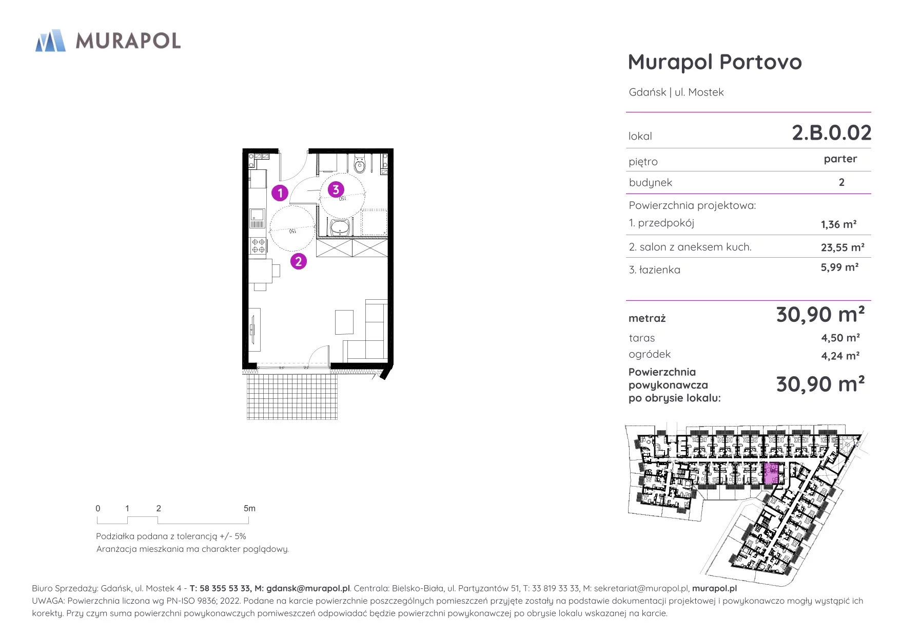 1 pokój, apartament inwestycyjny 30,90 m², parter, oferta nr 2.B.0.02, Murapol Portovo, Gdańsk, Śródmieście, ul. Mostek