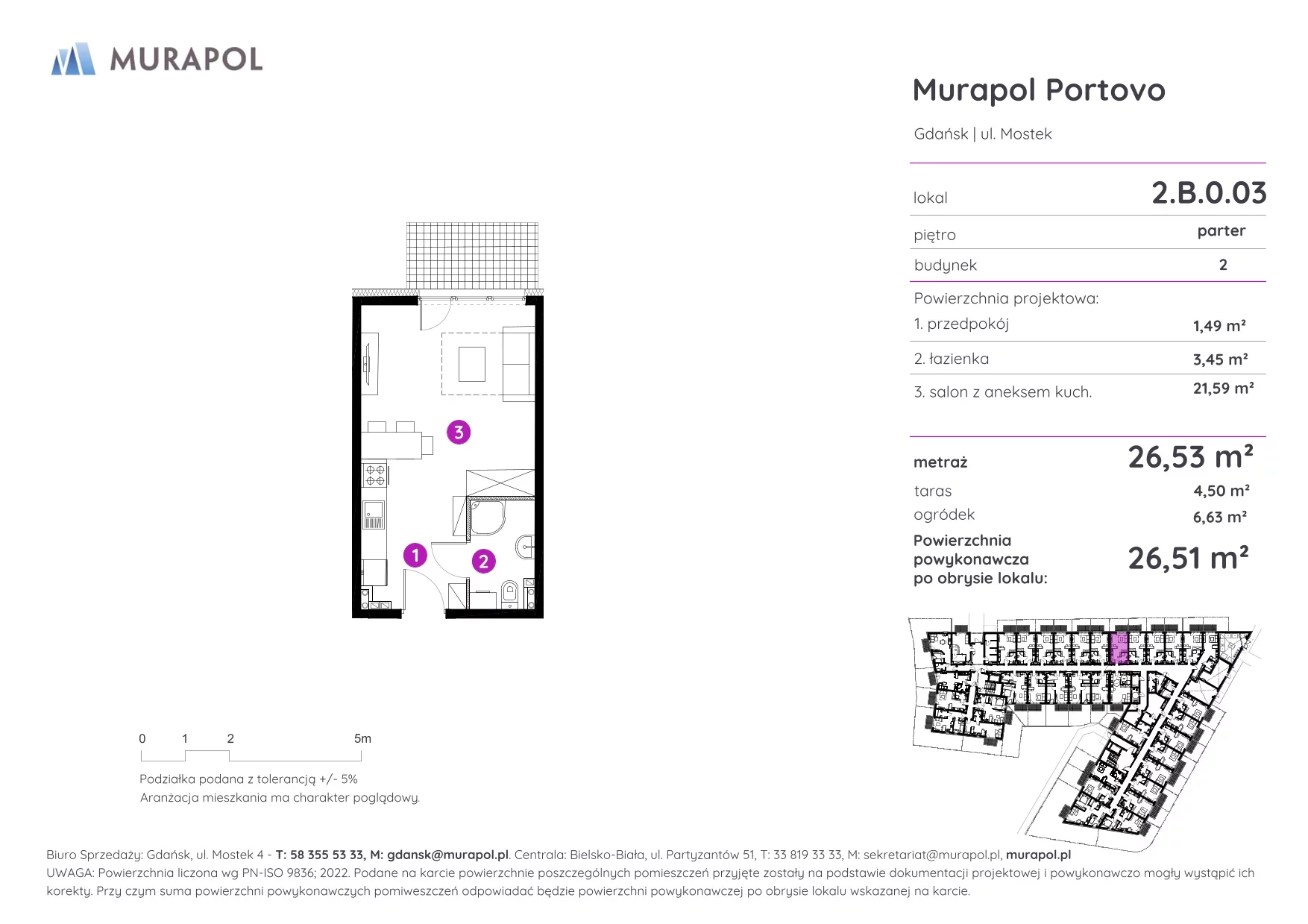 1 pokój, apartament inwestycyjny 26,51 m², parter, oferta nr 2.B.0.03, Murapol Portovo, Gdańsk, Śródmieście, ul. Mostek