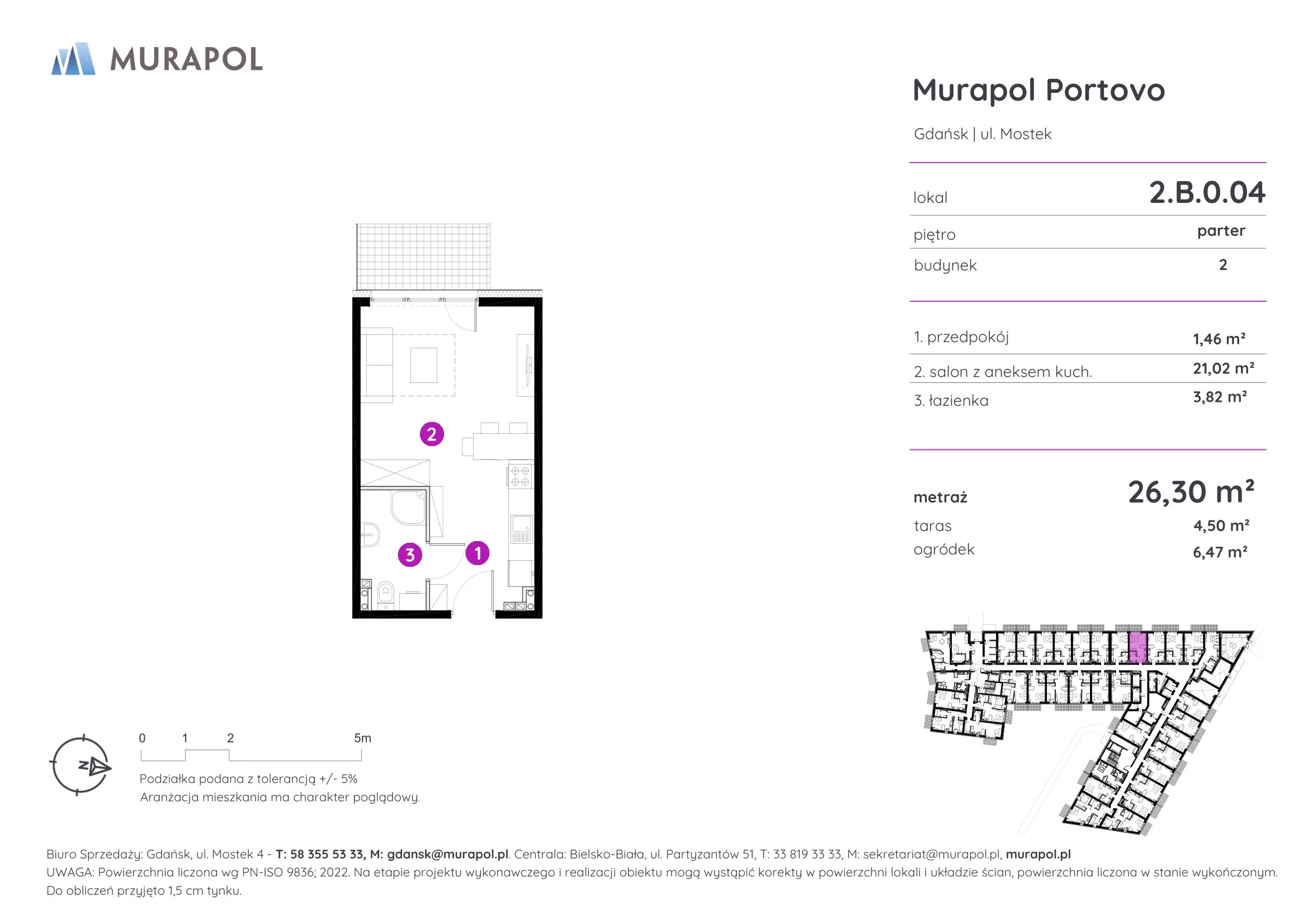 1 pokój, apartament inwestycyjny 26,30 m², parter, oferta nr 2.B.0.04, Murapol Portovo, Gdańsk, Śródmieście, ul. Mostek