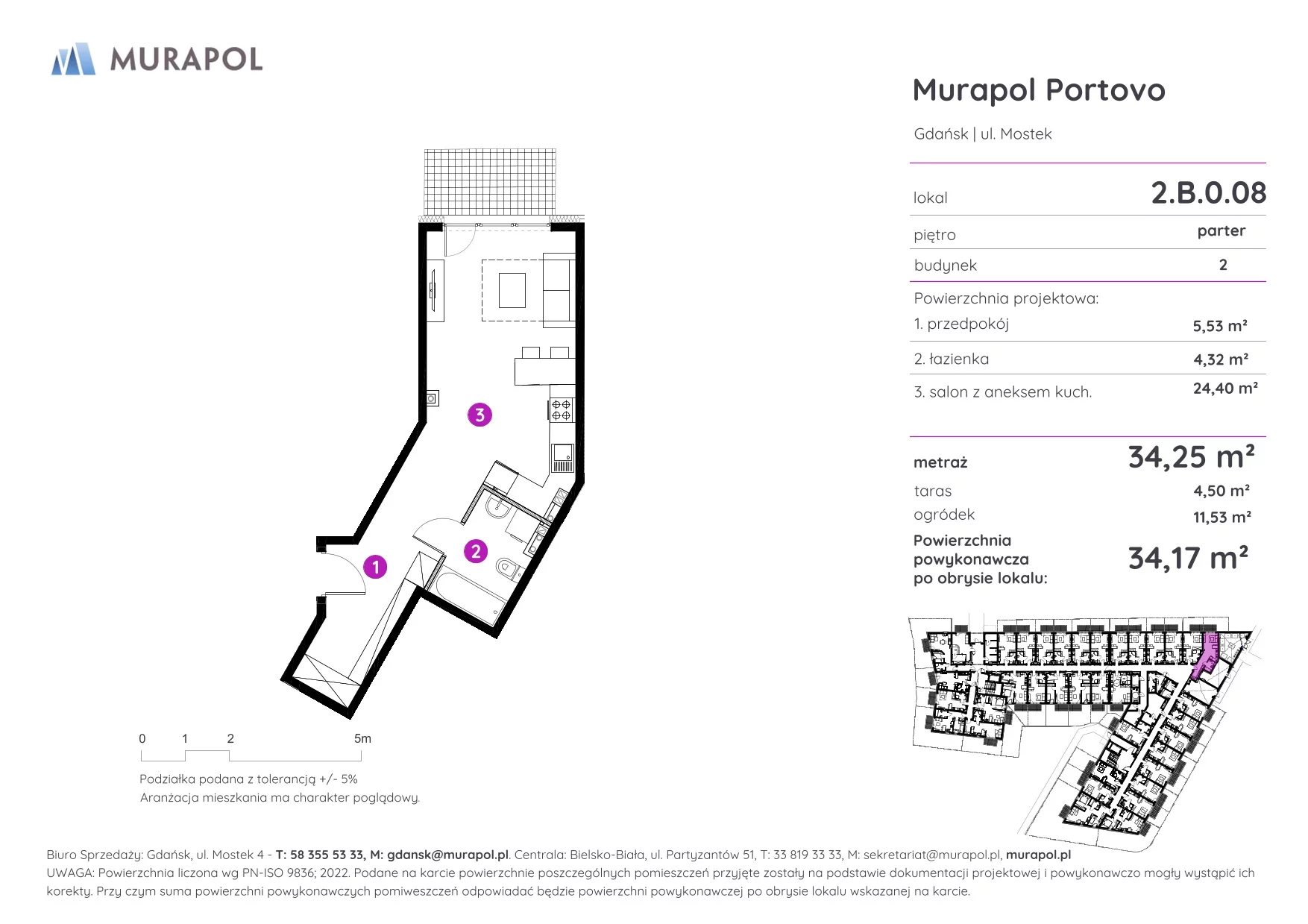 1 pokój, apartament inwestycyjny 34,17 m², parter, oferta nr 2.B.0.08, Murapol Portovo, Gdańsk, Śródmieście, ul. Mostek