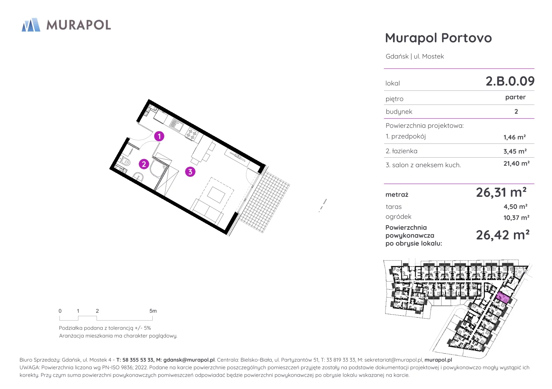 1 pokój, apartament inwestycyjny 26,42 m², parter, oferta nr 2.B.0.09, Murapol Portovo, Gdańsk, Śródmieście, ul. Mostek