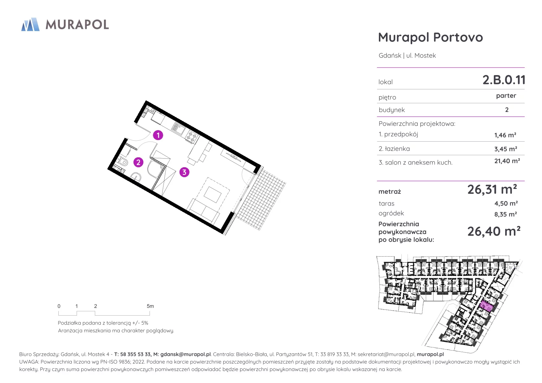 1 pokój, apartament inwestycyjny 26,40 m², parter, oferta nr 2.B.0.11, Murapol Portovo, Gdańsk, Śródmieście, ul. Mostek