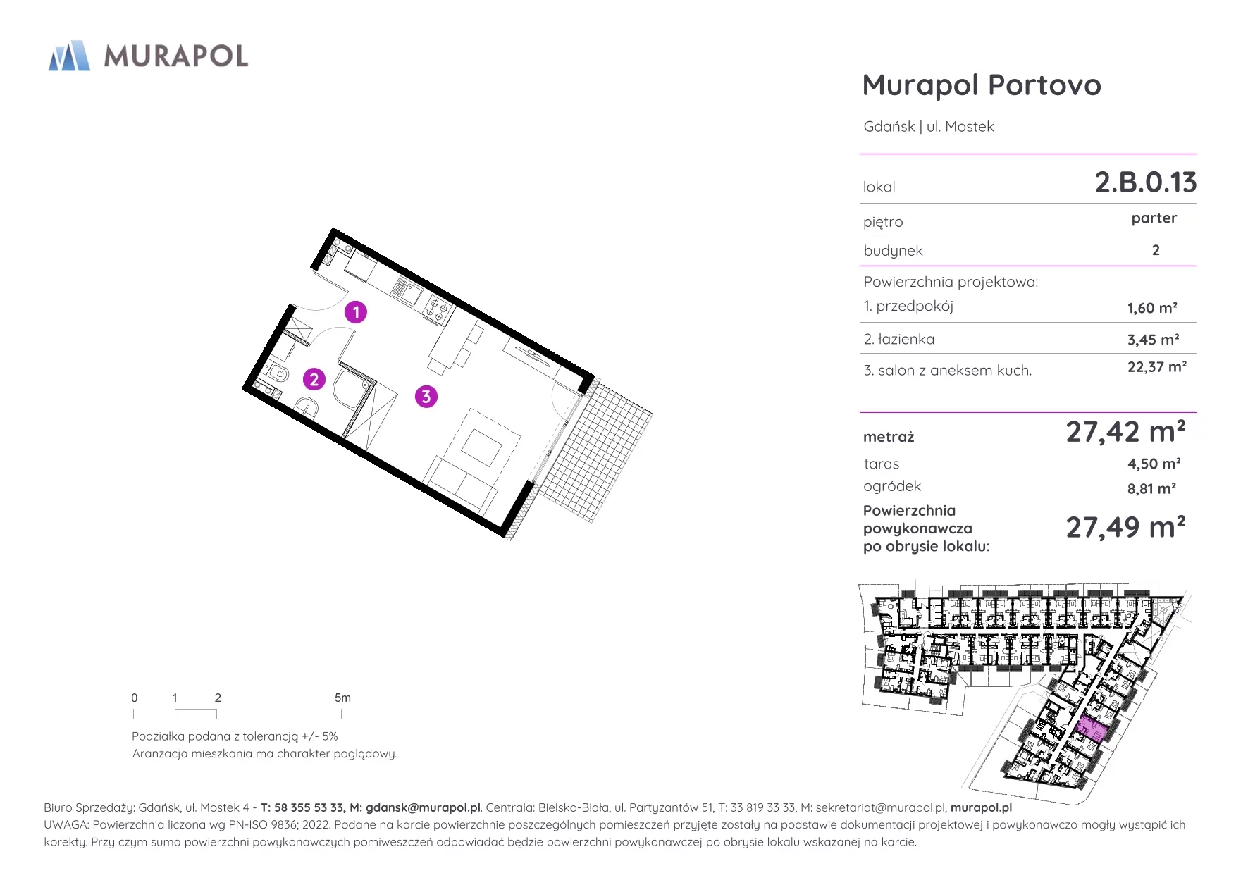 1 pokój, apartament inwestycyjny 27,49 m², parter, oferta nr 2.B.0.13, Murapol Portovo, Gdańsk, Śródmieście, ul. Mostek