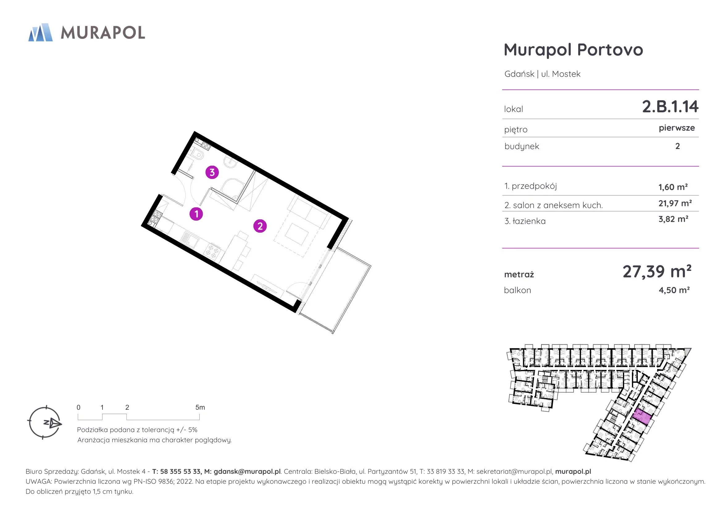 1 pokój, apartament inwestycyjny 27,39 m², piętro 1, oferta nr 2.B.1.14, Murapol Portovo, Gdańsk, Śródmieście, ul. Mostek