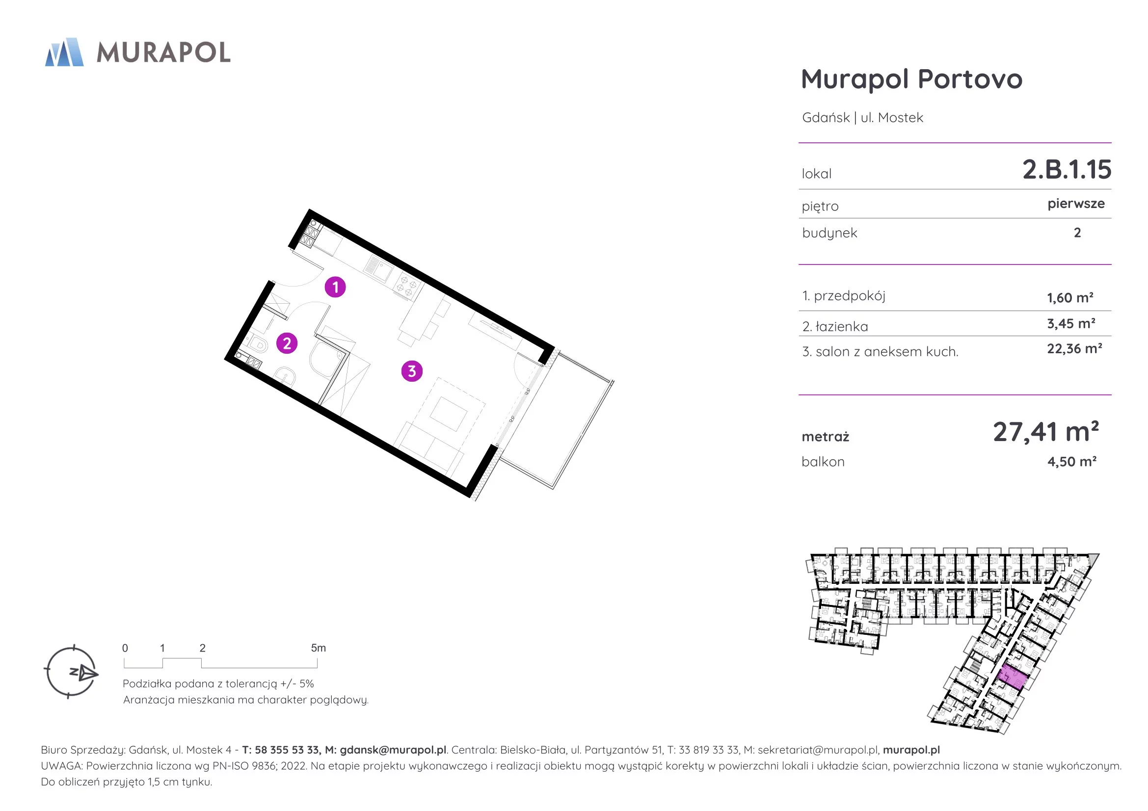 1 pokój, apartament inwestycyjny 27,41 m², piętro 1, oferta nr 2.B.1.15, Murapol Portovo, Gdańsk, Śródmieście, ul. Mostek